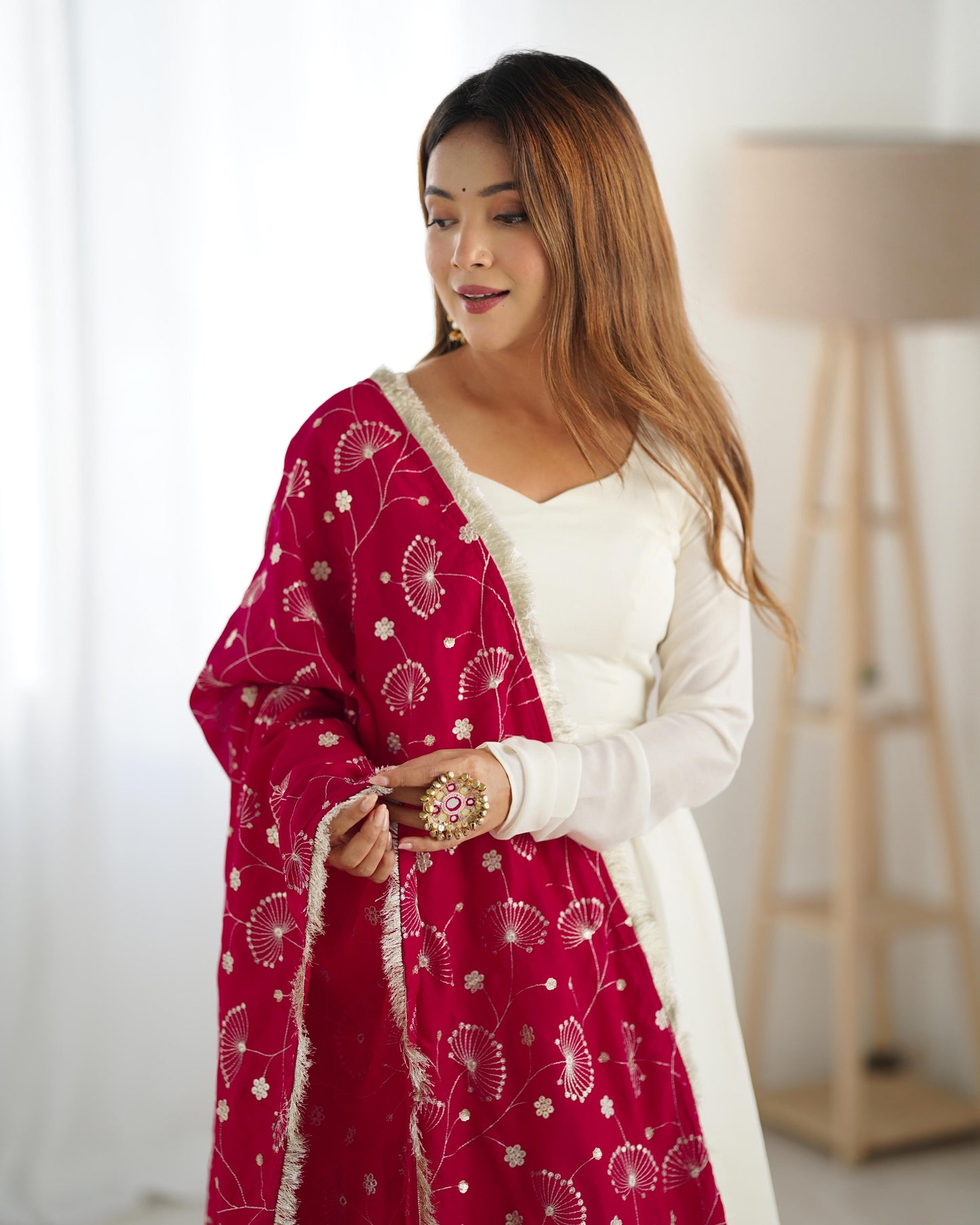 Winsome White Vichitra Silk Anarkali Pant Set With Beautiful Dupatta - Ethnicwish