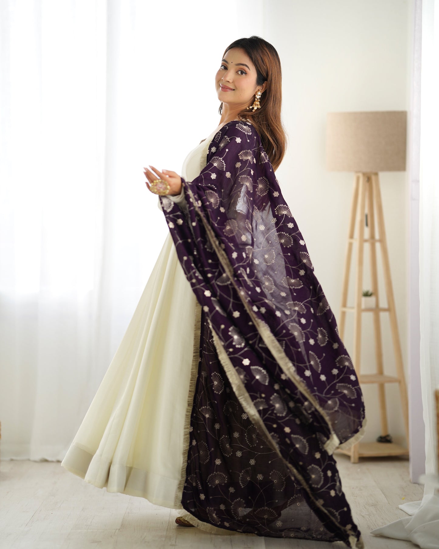 Winsome White Vichitra Silk Anarkali Pant Set With Beautiful Dupatta - Ethnicwish