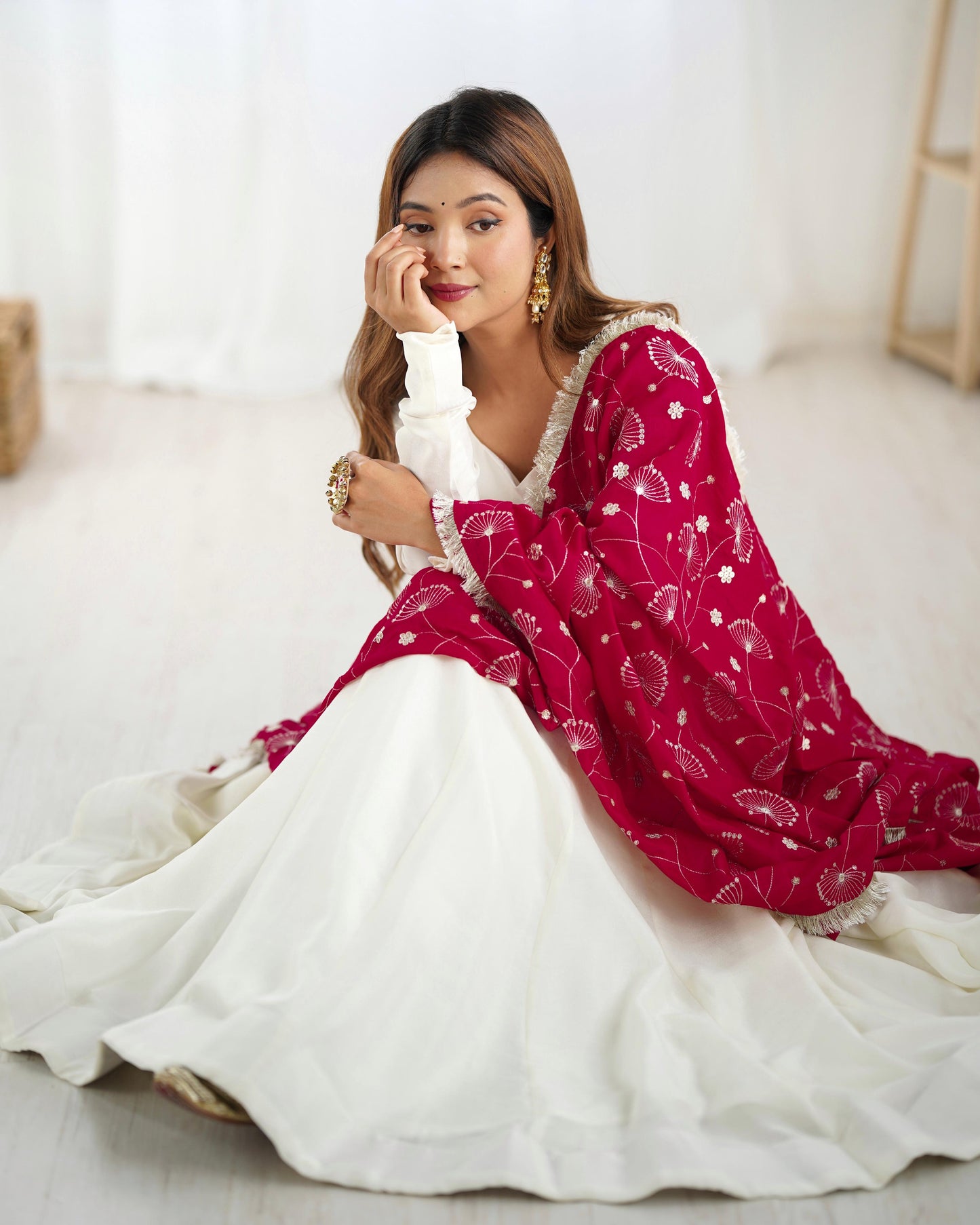 Winsome White Vichitra Silk Anarkali Pant Set With Beautiful Dupatta - Ethnicwish