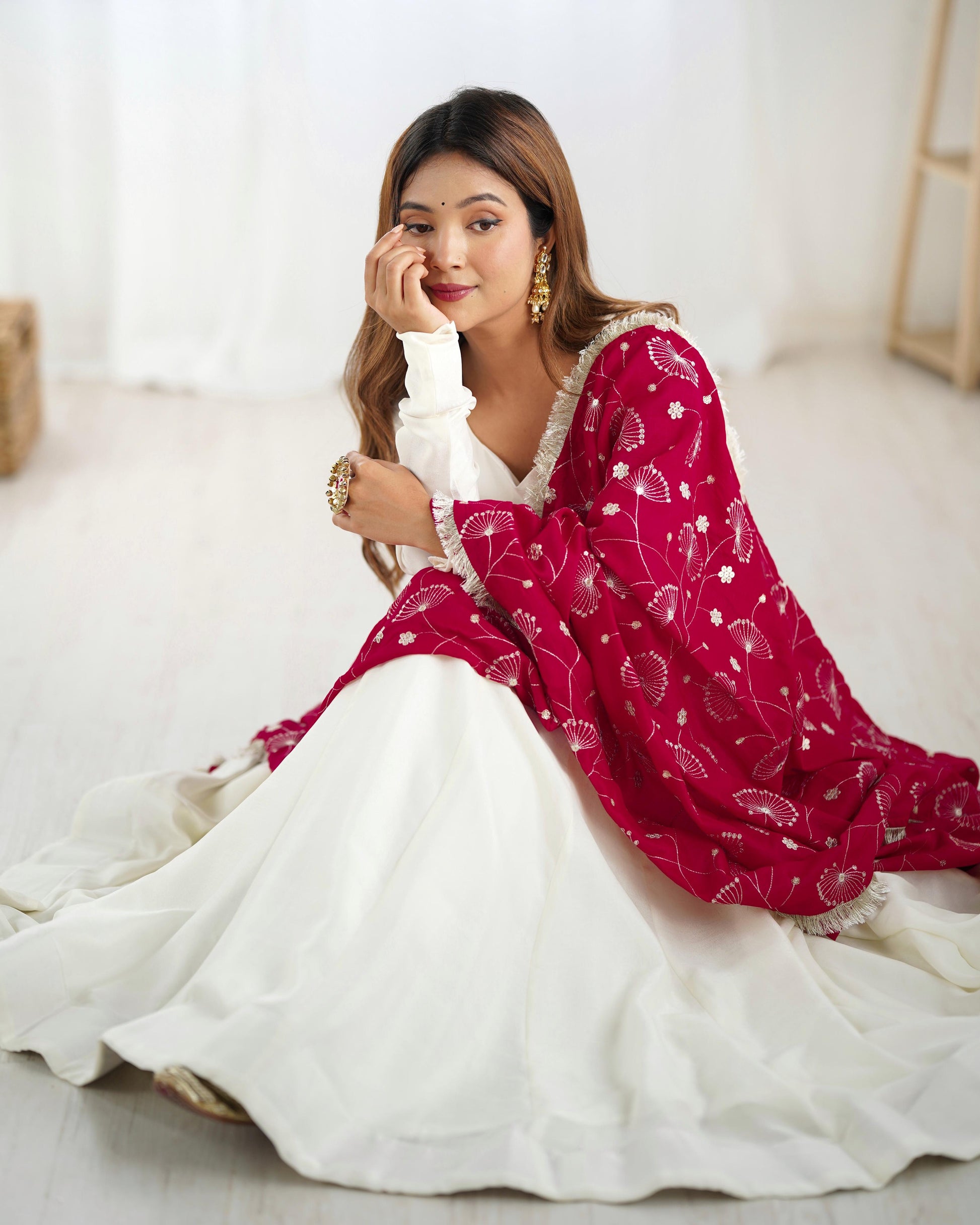 Winsome White Vichitra Silk Anarkali Pant Set With Beautiful Dupatta - Ethnicwish