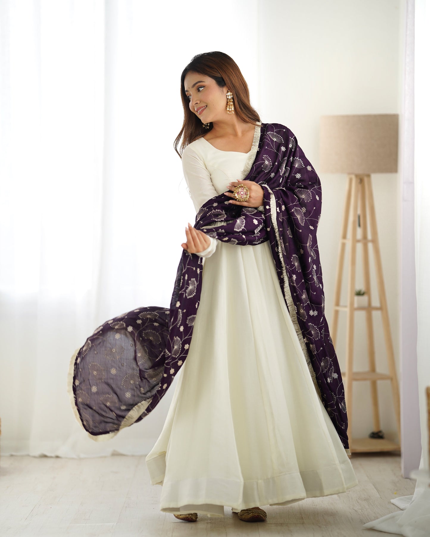 Winsome White Vichitra Silk Anarkali Pant Set With Beautiful Dupatta - Ethnicwish