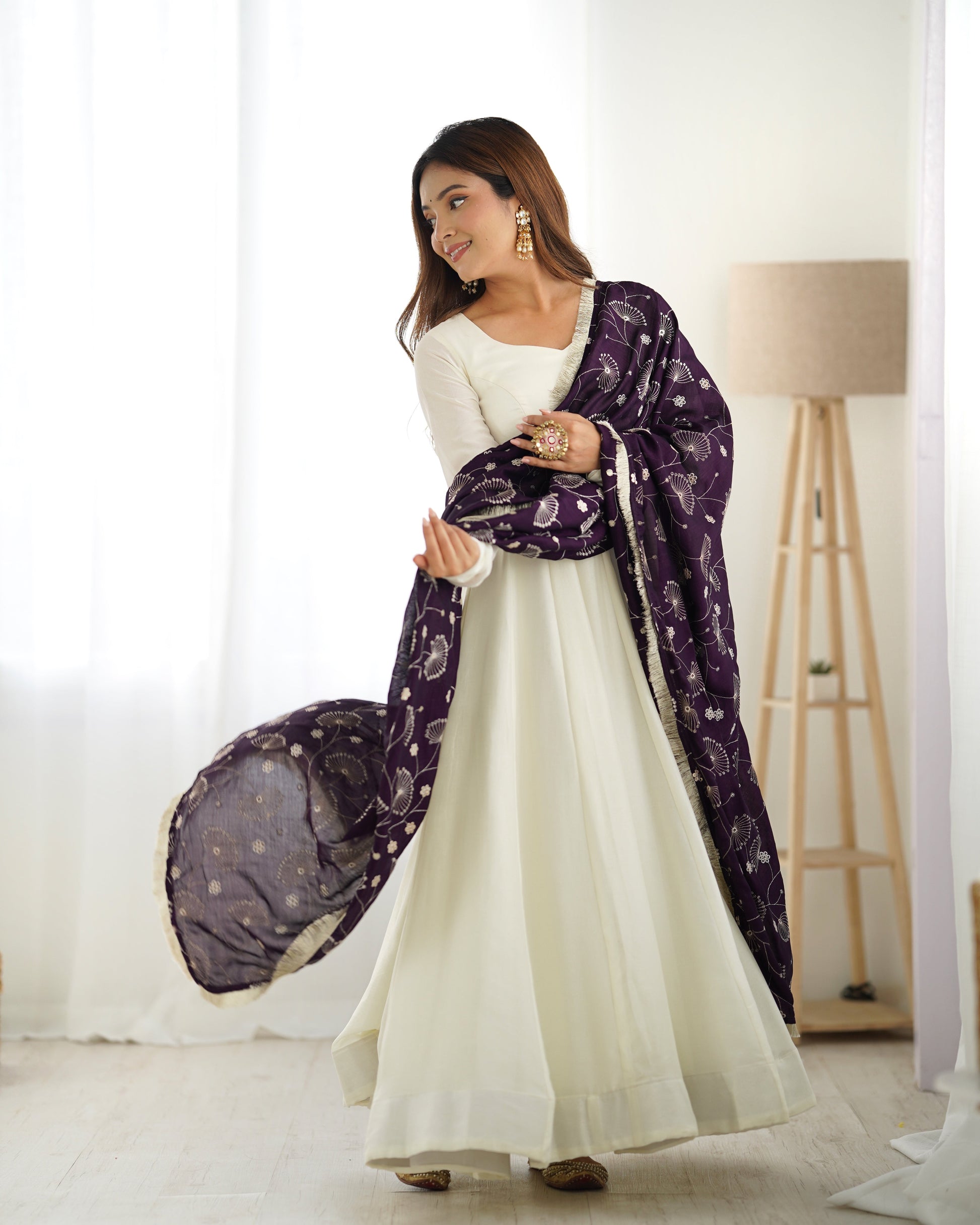 Winsome White Vichitra Silk Anarkali Pant Set With Beautiful Dupatta - Ethnicwish