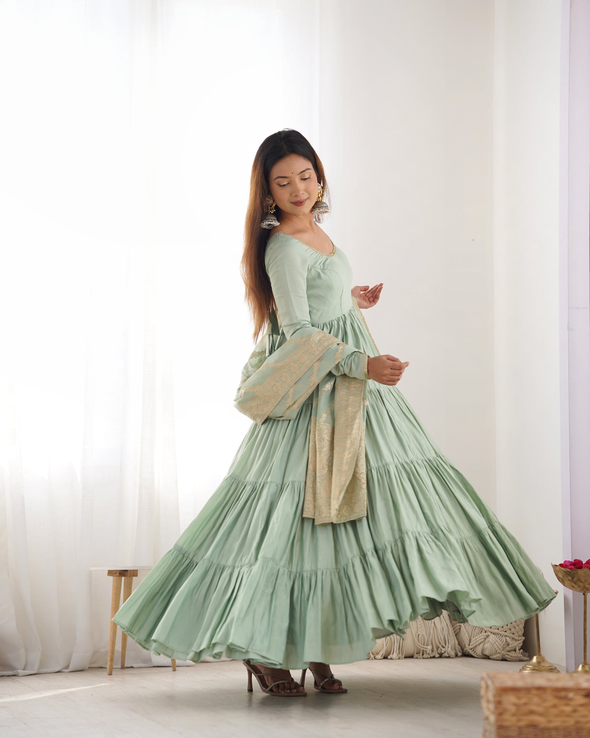 Elegant Pure Roman Silk 9 Mtr Flared Designer Anarkali Suit - Ethnicwish