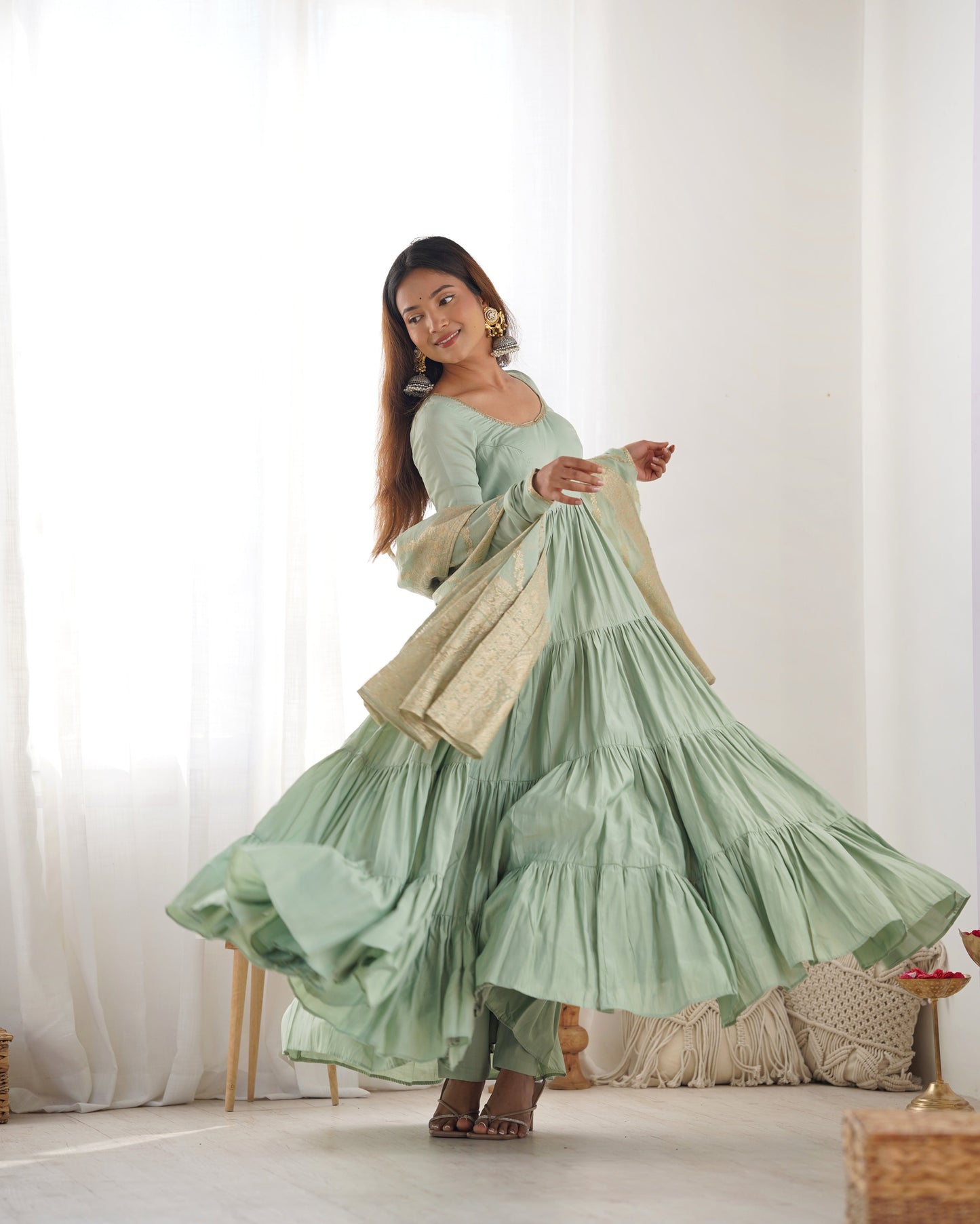 Elegant Pure Roman Silk 9 Mtr Flared Designer Anarkali Suit - Ethnicwish