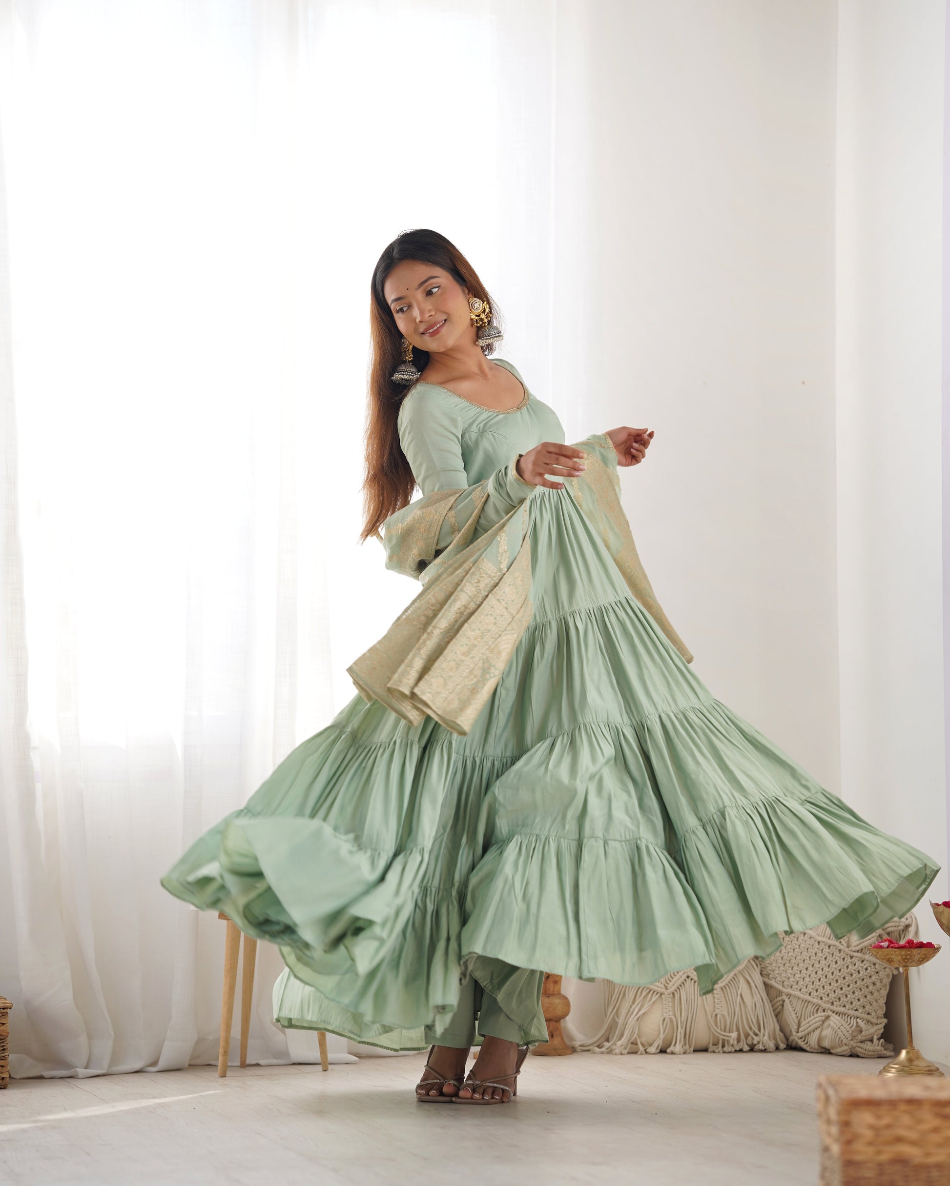 Elegant Pure Roman Silk 9 Mtr Flared Designer Anarkali Suit - Ethnicwish