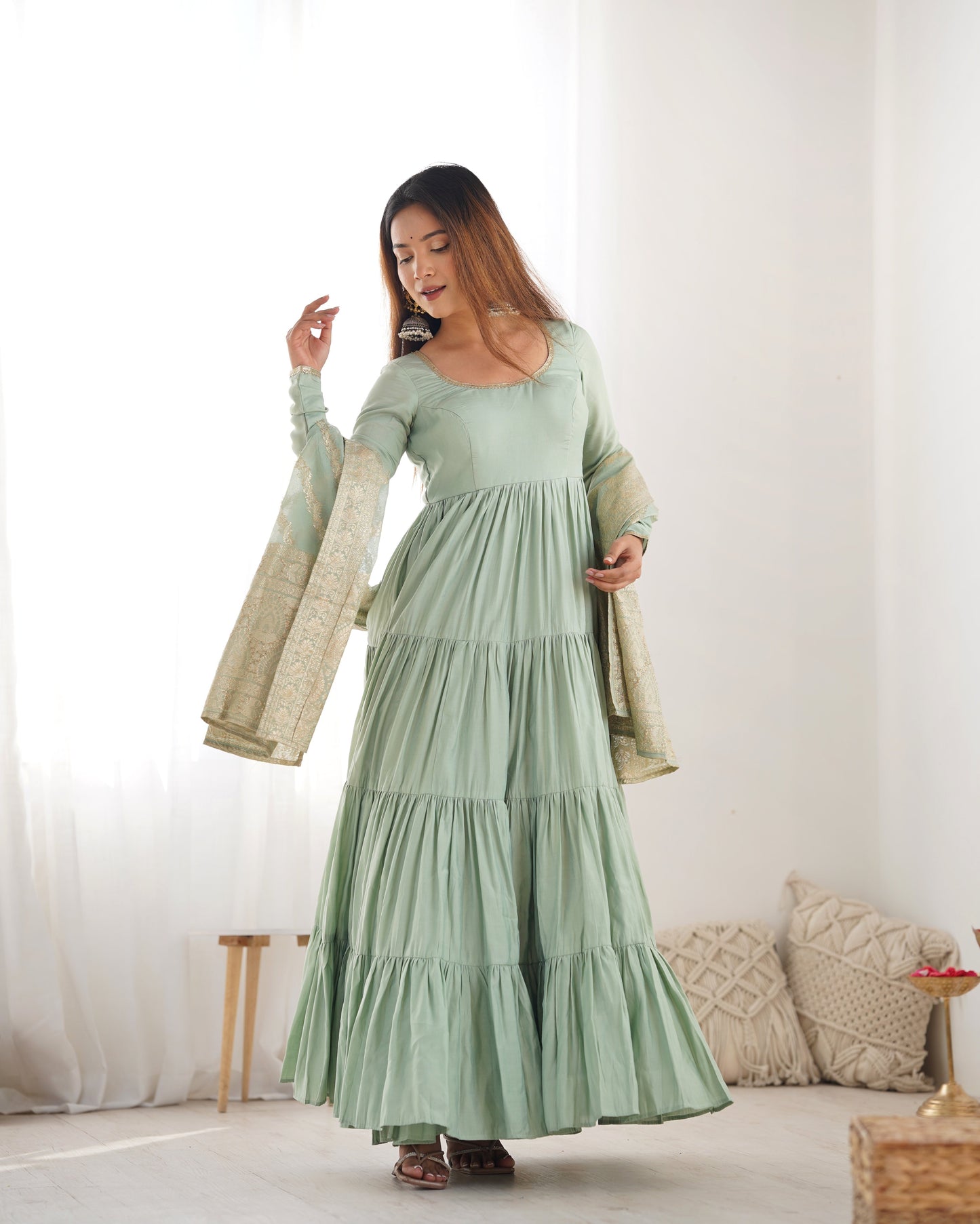 Elegant Pure Roman Silk 9 Mtr Flared Designer Anarkali Suit - Ethnicwish