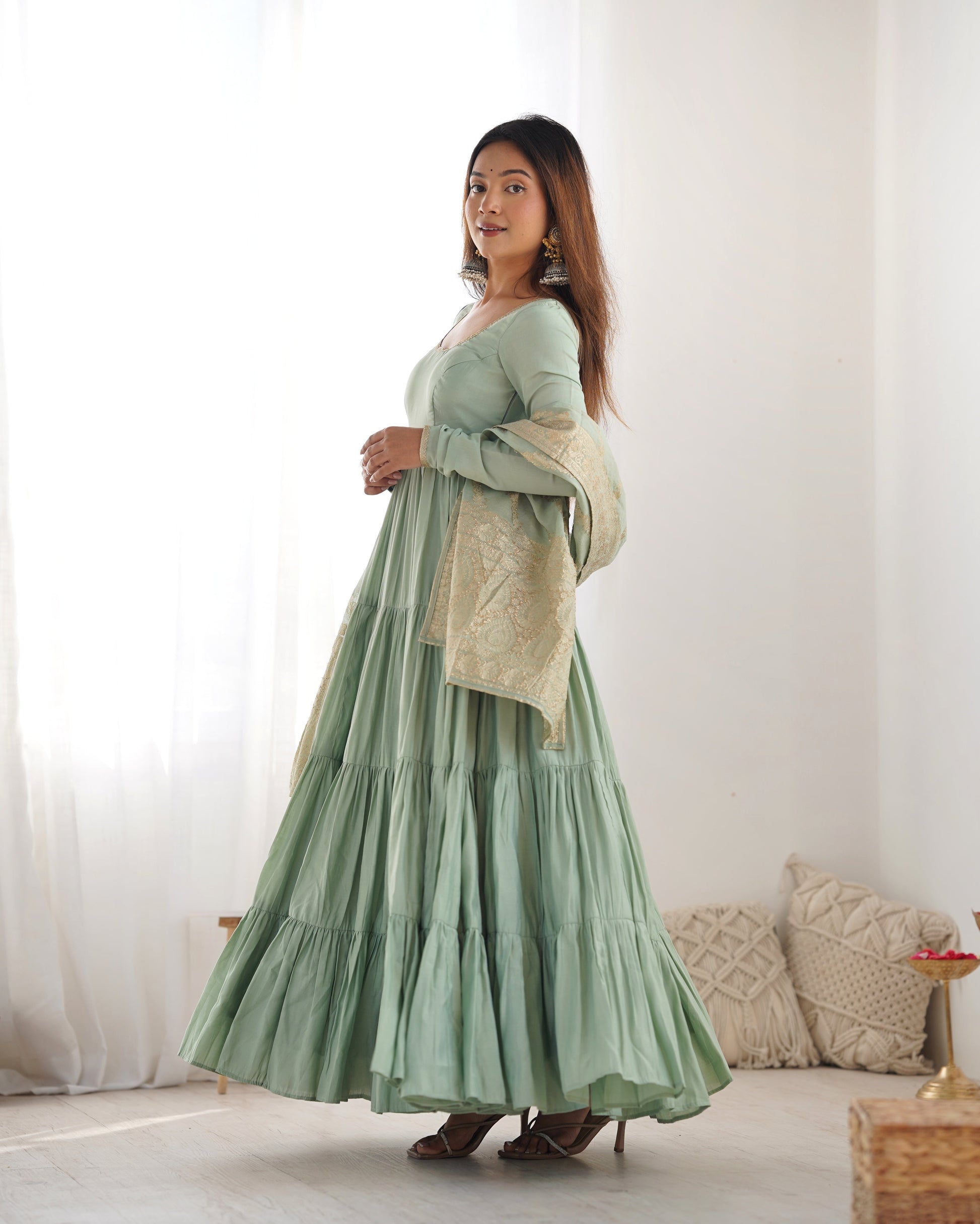 Elegant Pure Roman Silk 9 Mtr Flared Designer Anarkali Suit - Ethnicwish