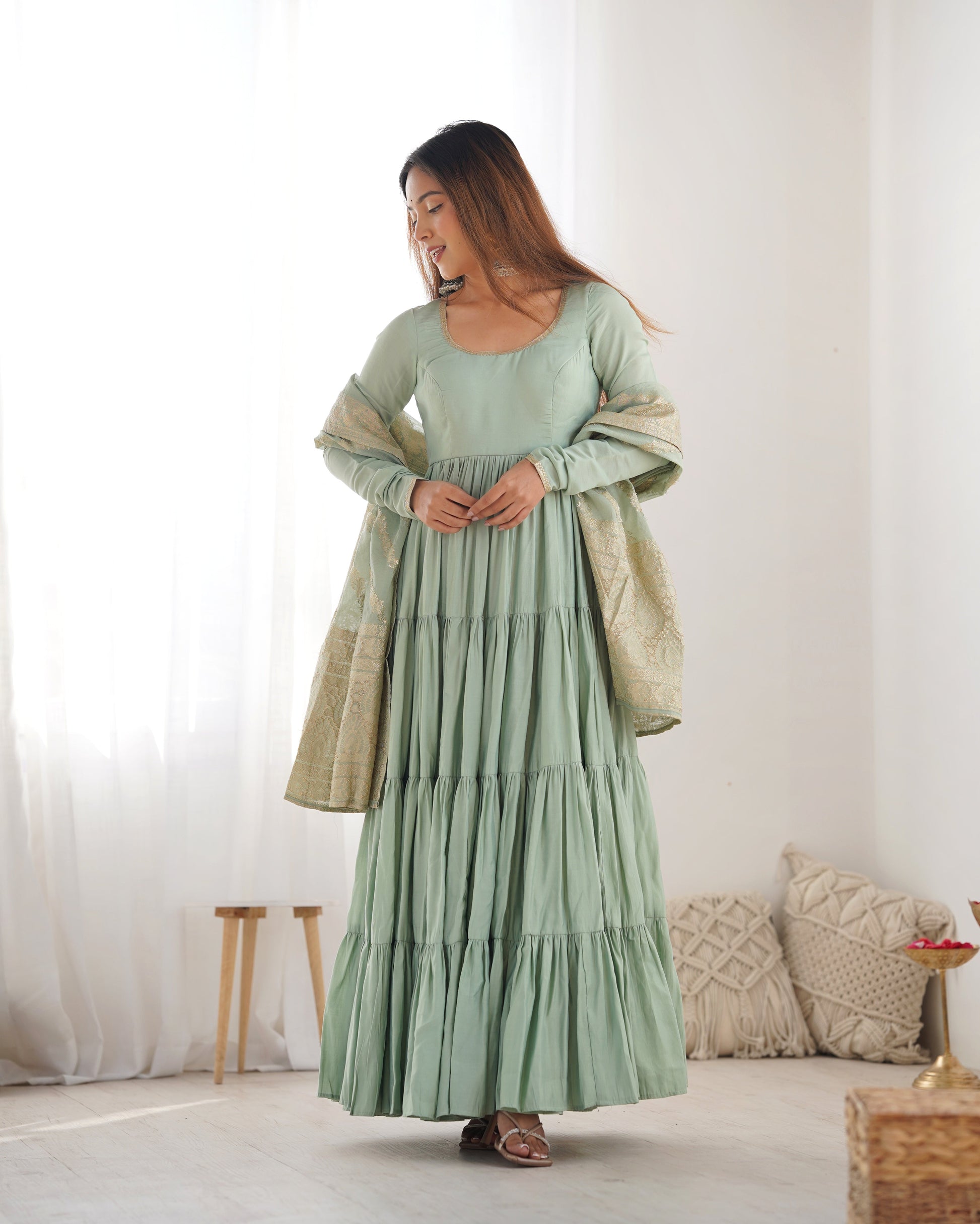 Elegant Pure Roman Silk 9 Mtr Flared Designer Anarkali Suit - Ethnicwish