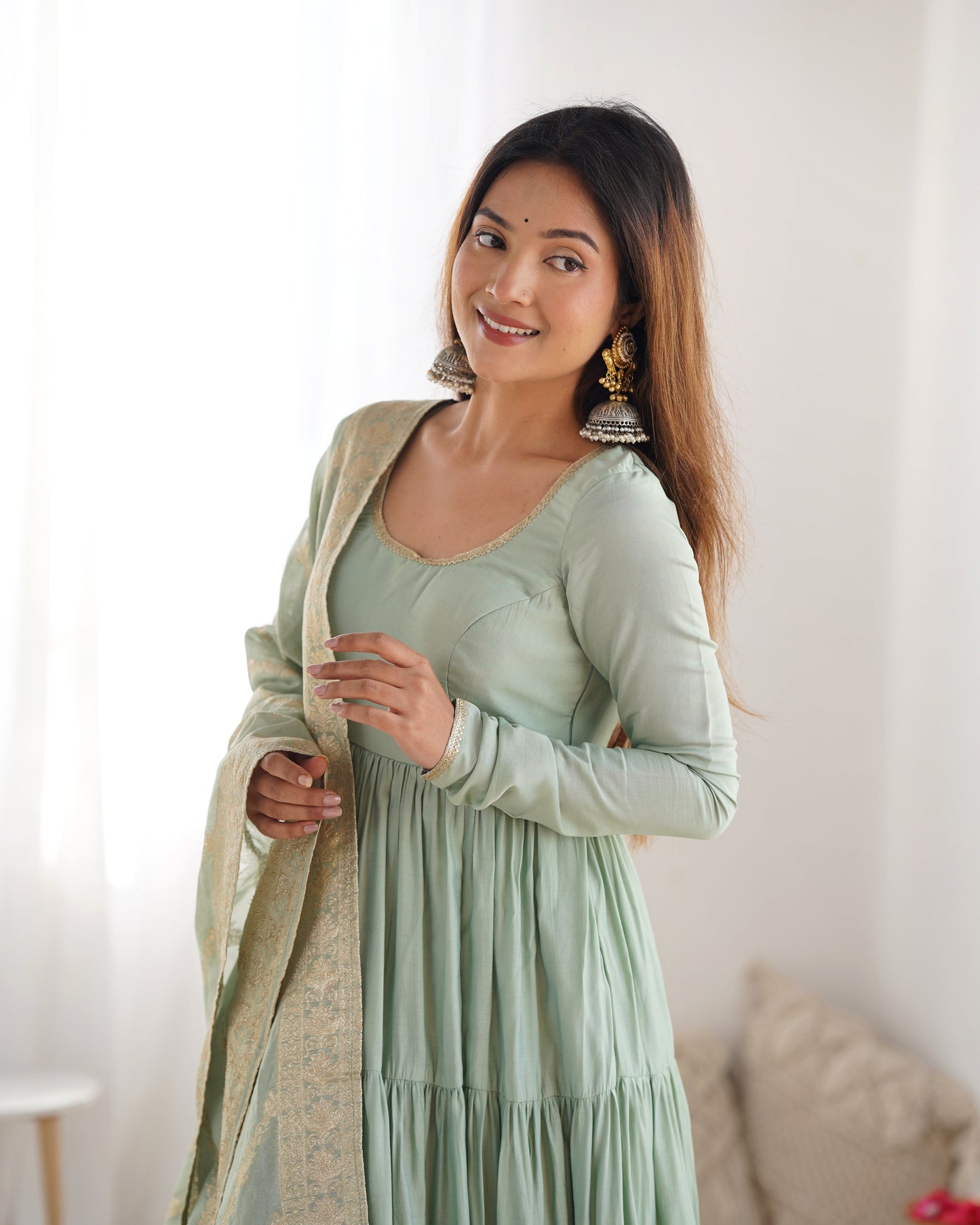 Elegant Pure Roman Silk 9 Mtr Flared Designer Anarkali Suit - Ethnicwish