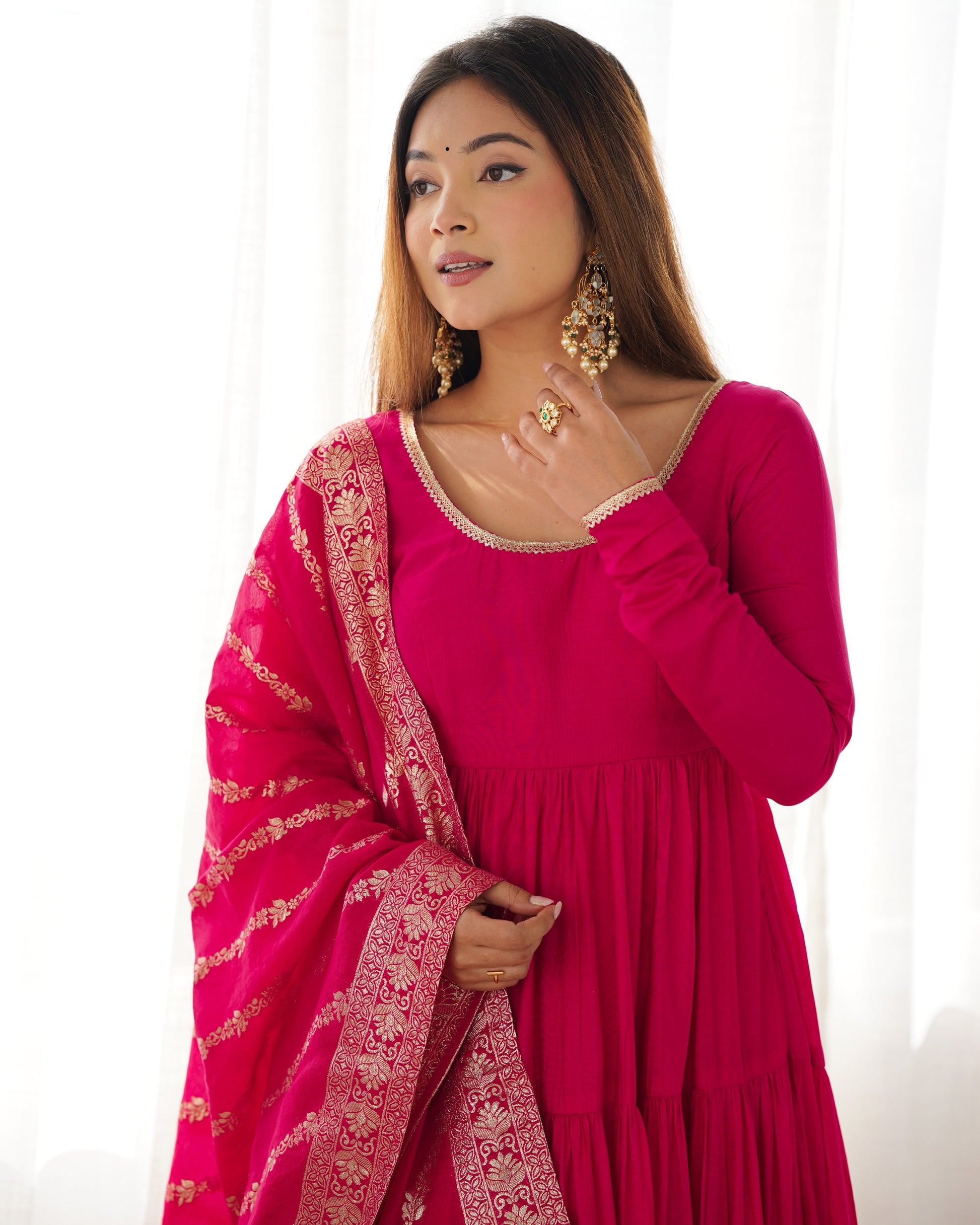 Elegant Pure Roman Silk 9 Mtr Flared Designer Anarkali Suit - Ethnicwish