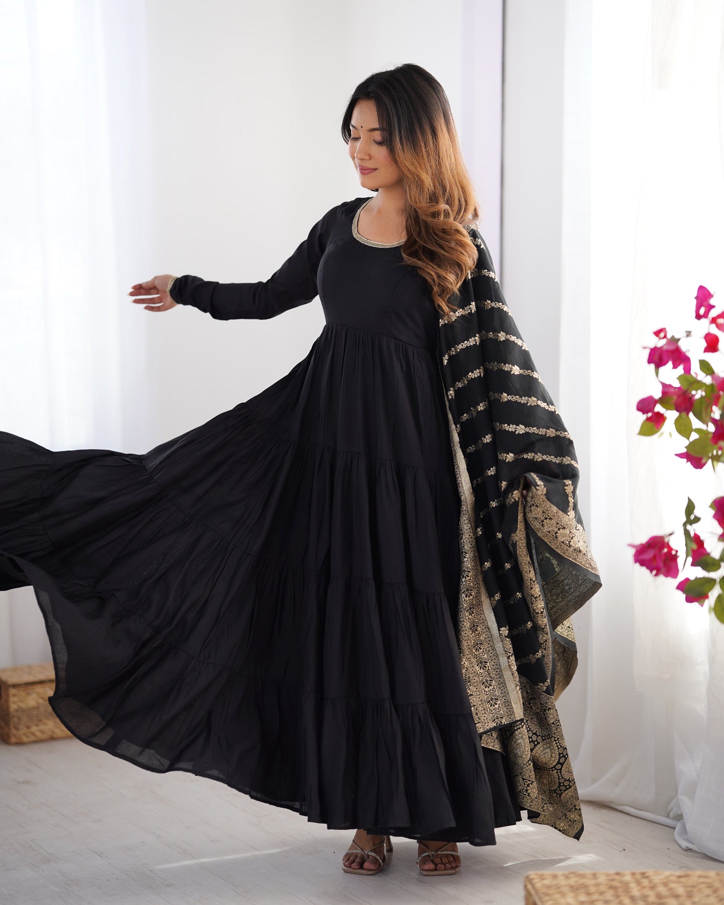 Elegant Pure Roman Silk 9 Mtr Flared Designer Anarkali Suit