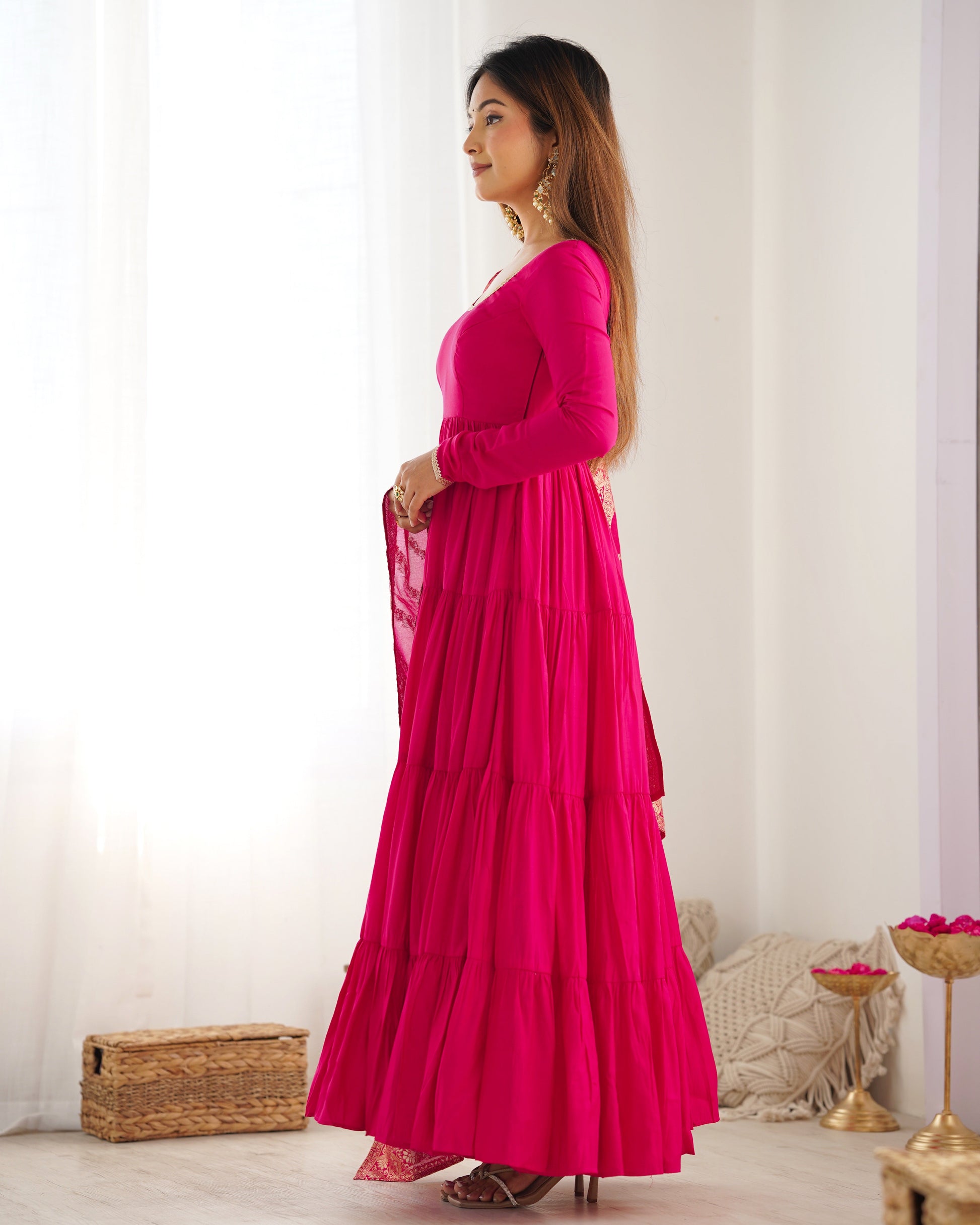Elegant Pure Roman Silk 9 Mtr Flared Designer Anarkali Suit - Ethnicwish
