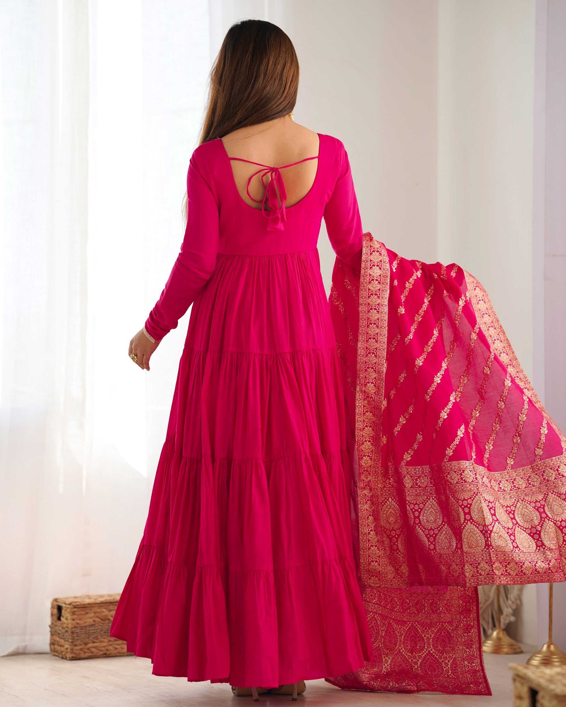 Elegant Pure Roman Silk 9 Mtr Flared Designer Anarkali Suit - Ethnicwish