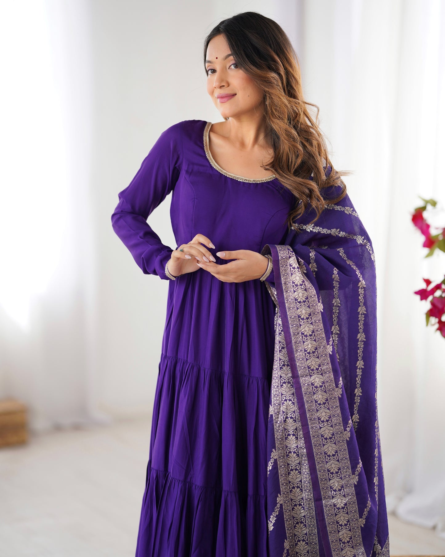 Elegant Pure Roman Silk 9 Mtr Flared Designer Anarkali Suit