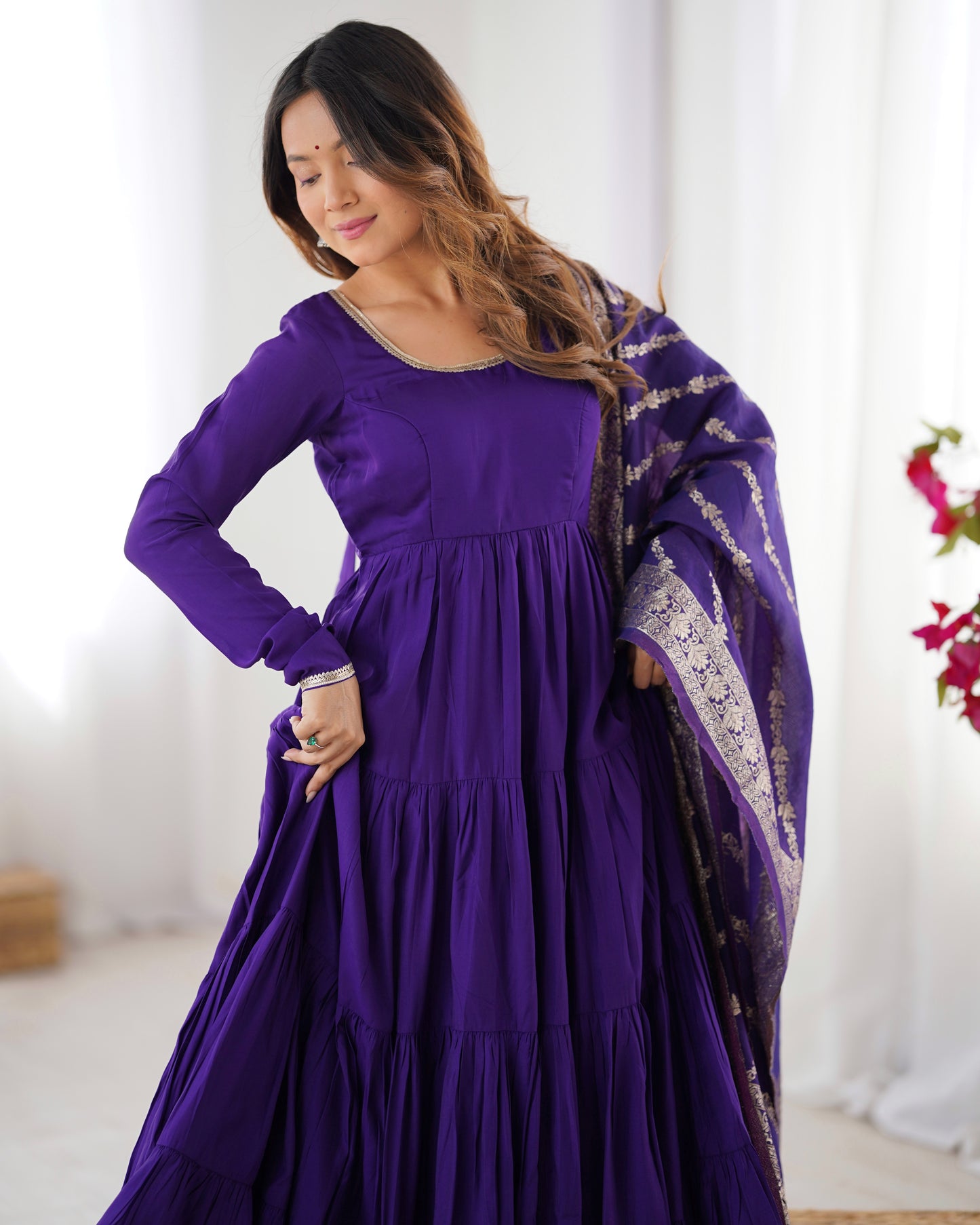 Elegant Pure Roman Silk 9 Mtr Flared Designer Anarkali Suit