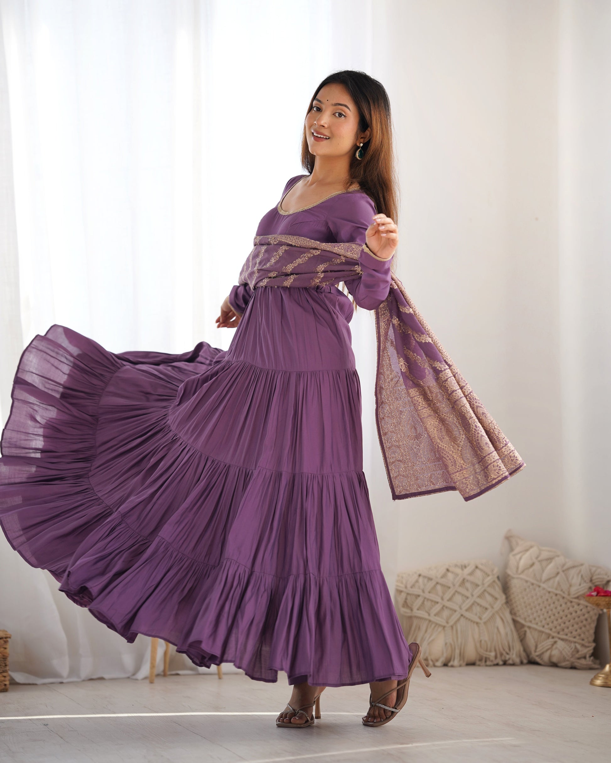 Elegant Pure Roman Silk 9 Mtr Flared Designer Anarkali Suit - Ethnicwish