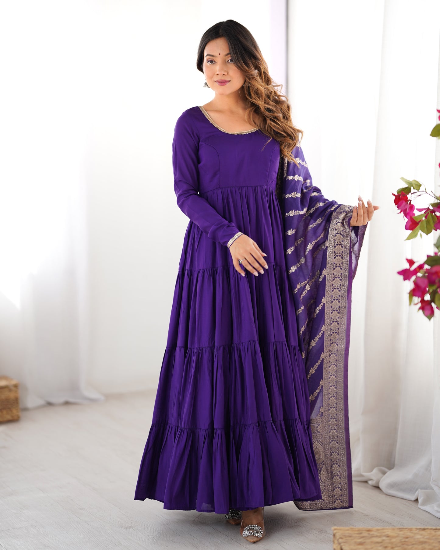 Elegant Pure Roman Silk 9 Mtr Flared Designer Anarkali Suit