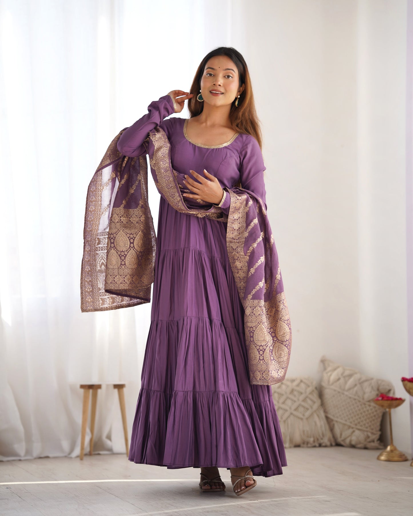 Elegant Pure Roman Silk 9 Mtr Flared Designer Anarkali Suit - Ethnicwish