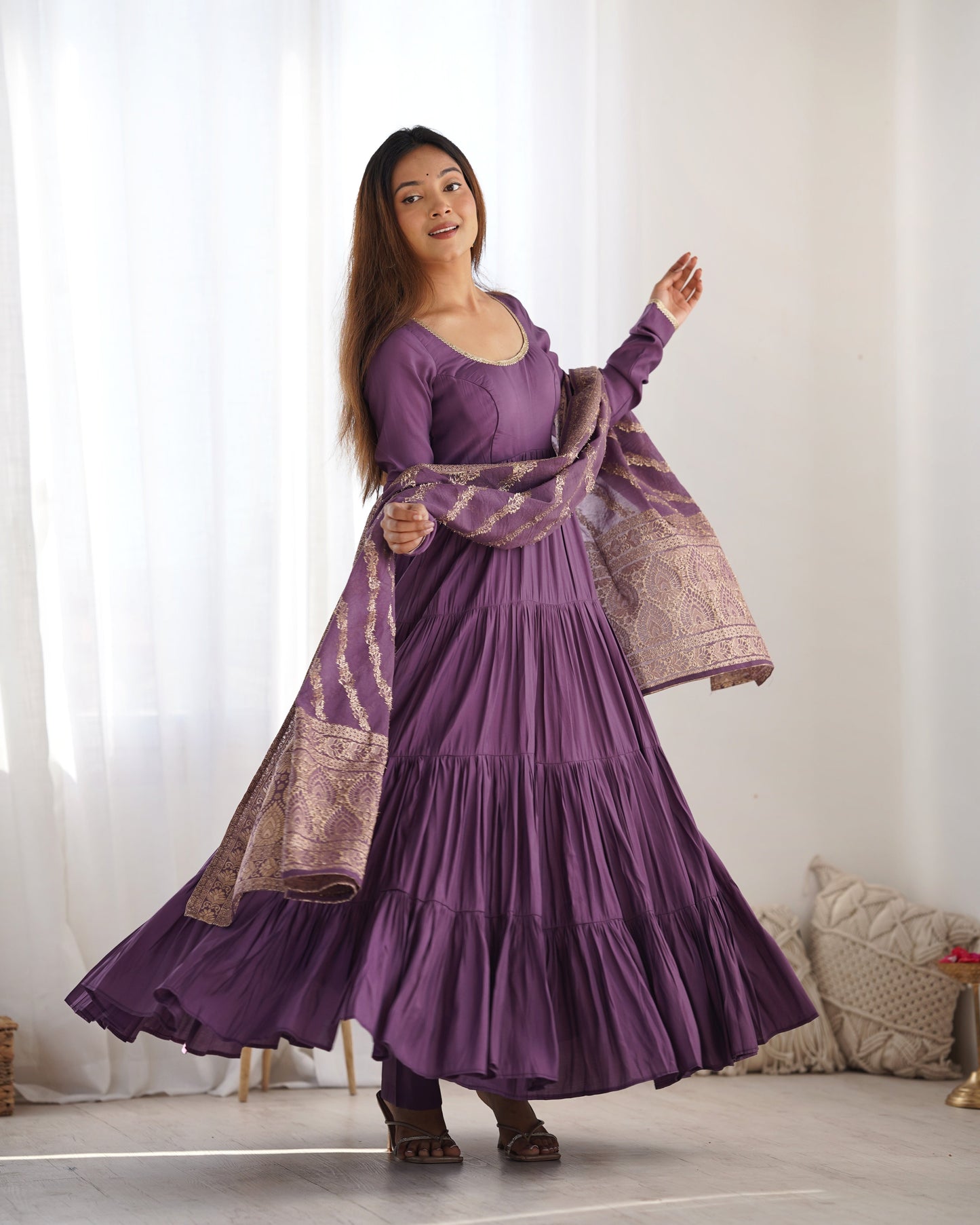 Elegant Pure Roman Silk 9 Mtr Flared Designer Anarkali Suit - Ethnicwish