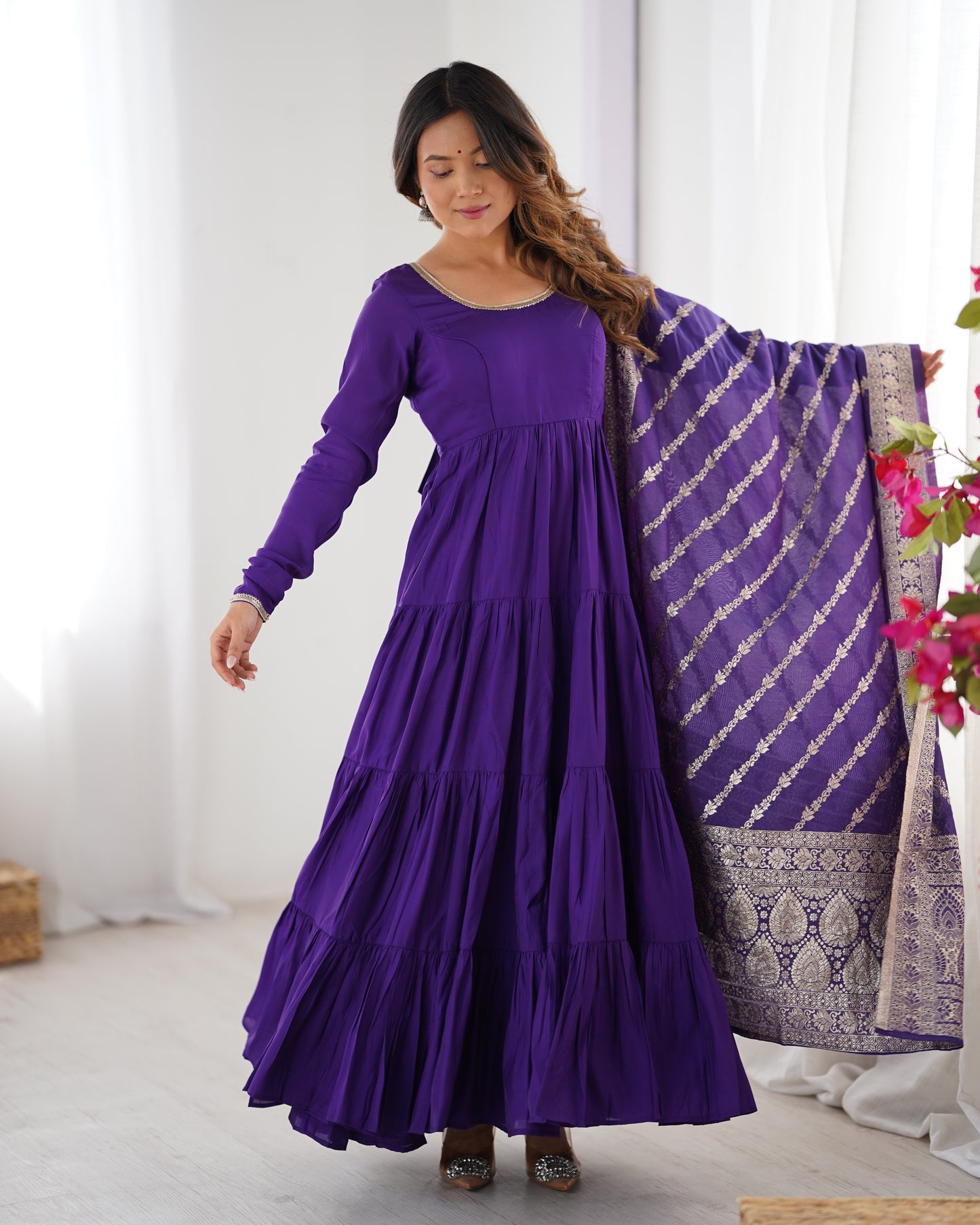 Elegant Pure Roman Silk 9 Mtr Flared Designer Anarkali Suit