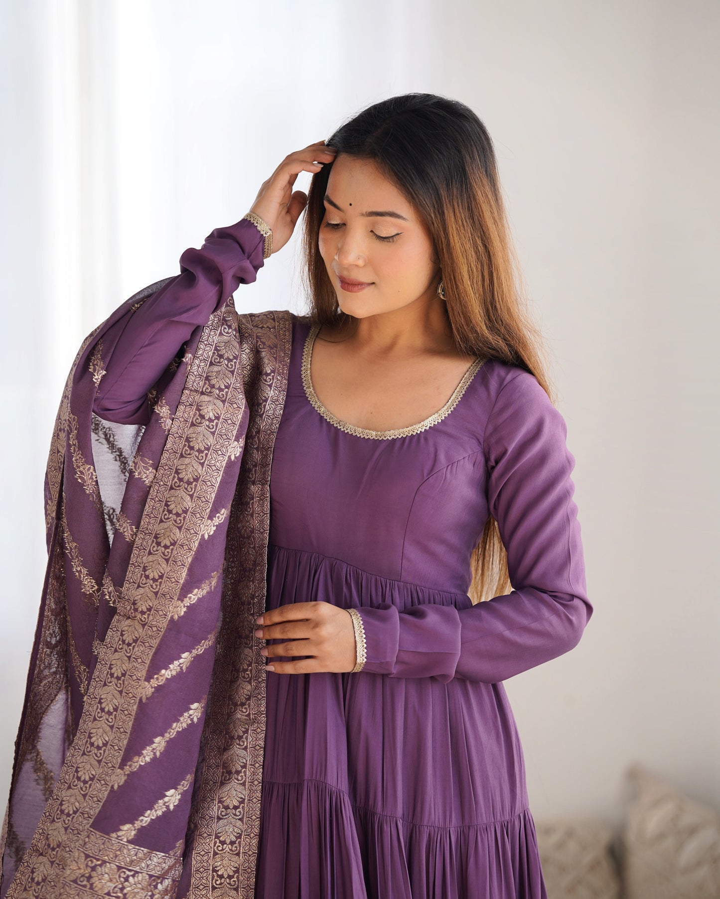 Elegant Pure Roman Silk 9 Mtr Flared Designer Anarkali Suit - Ethnicwish