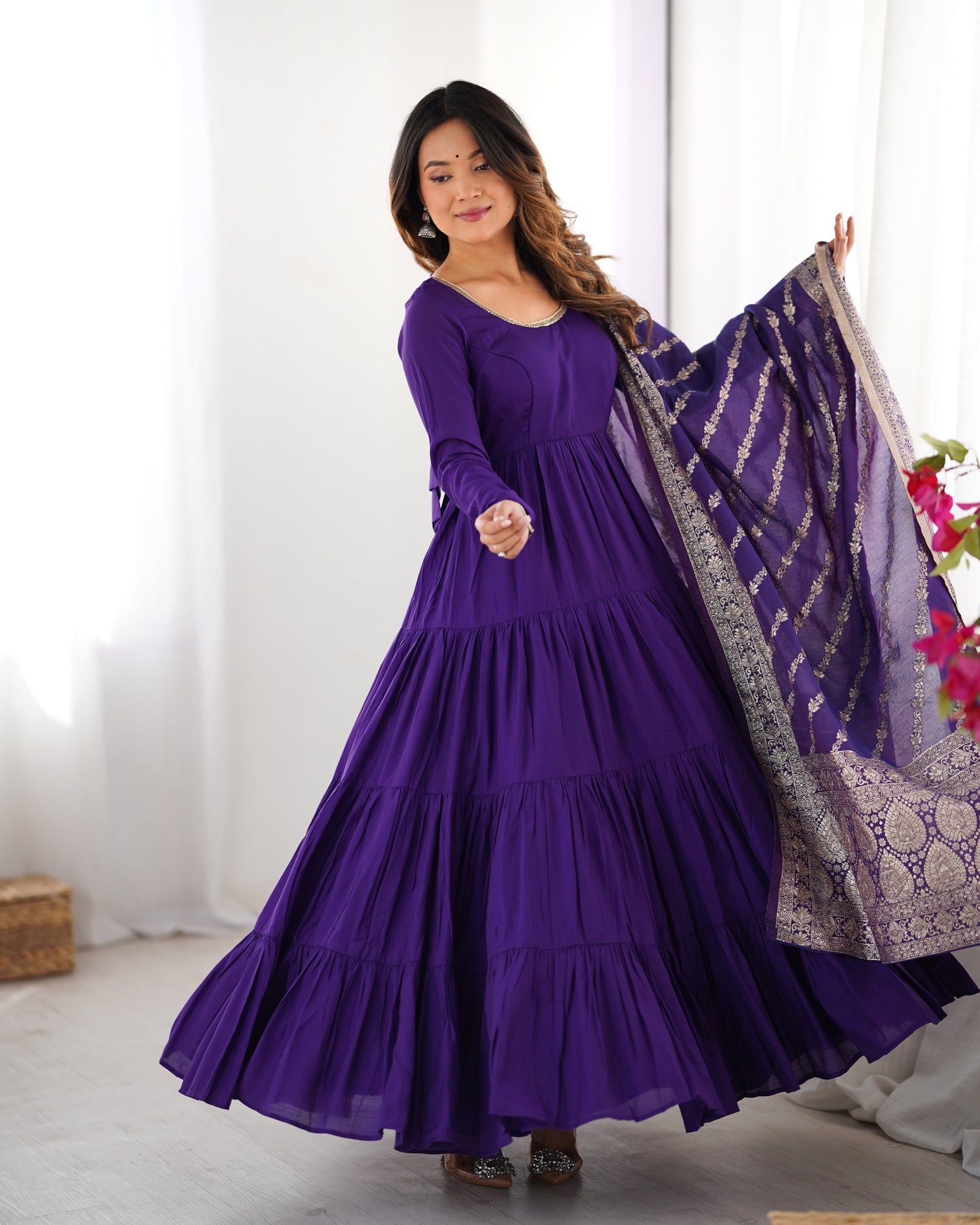 Elegant Pure Roman Silk 9 Mtr Flared Designer Anarkali Suit