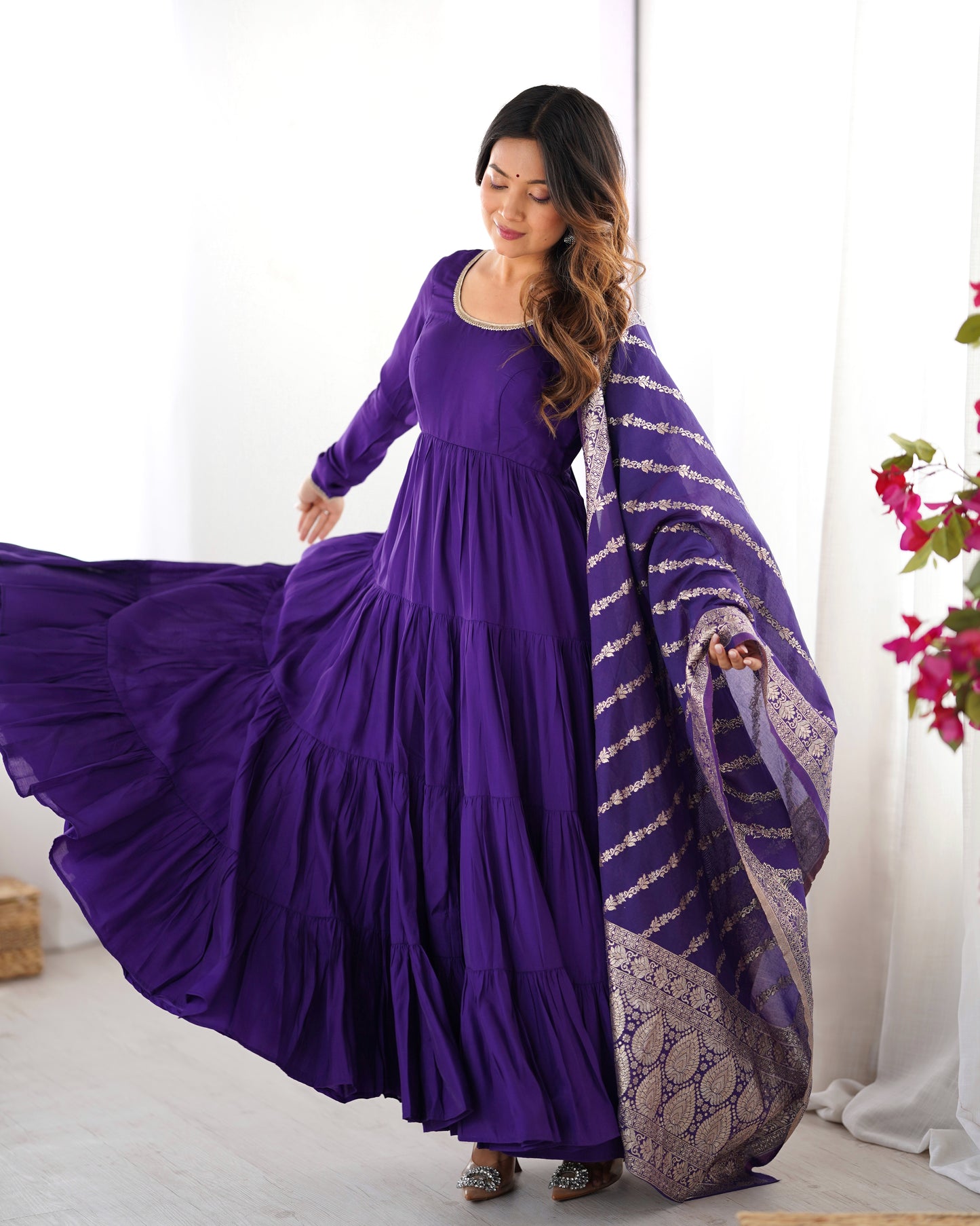 Elegant Pure Roman Silk 9 Mtr Flared Designer Anarkali Suit