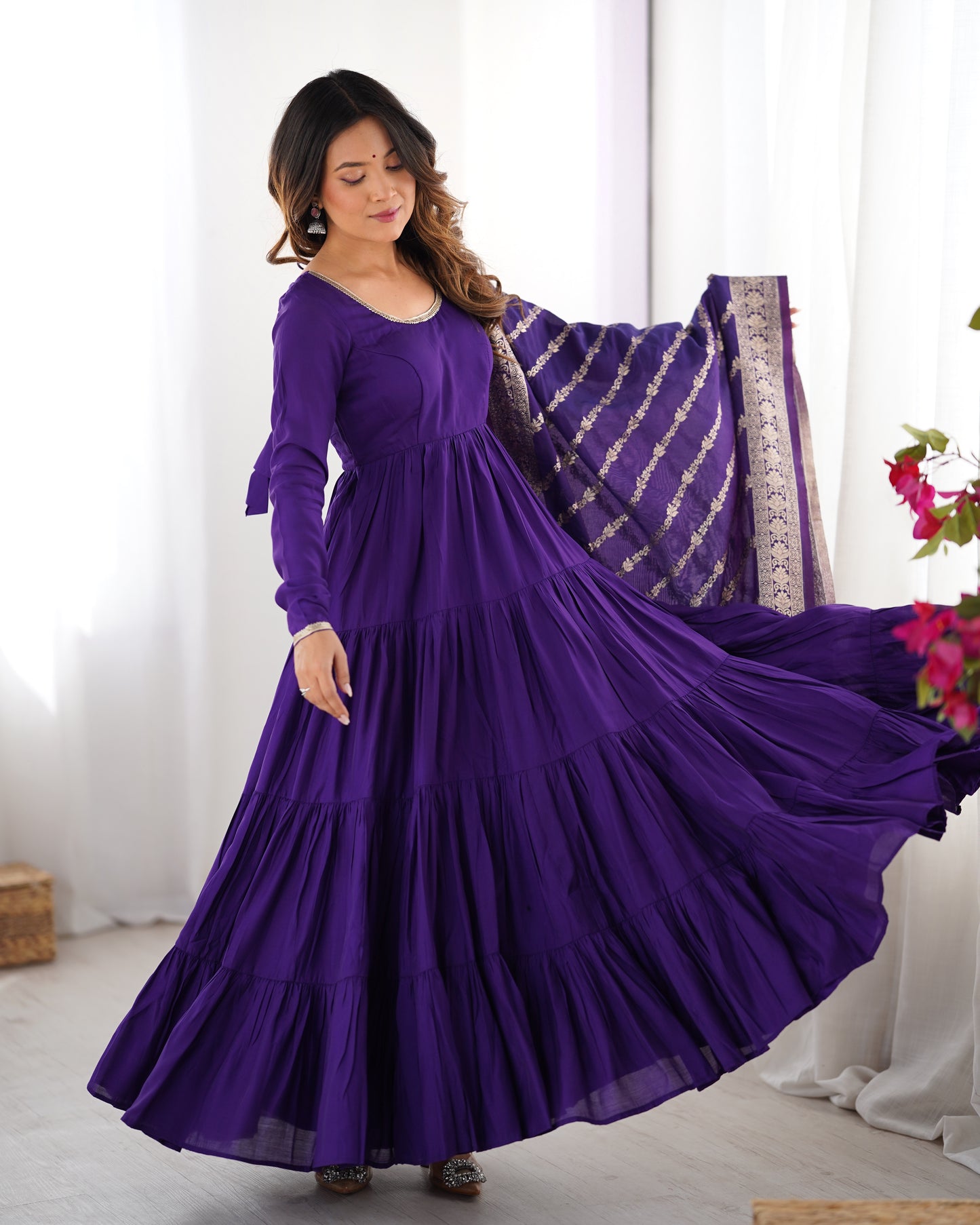 Elegant Pure Roman Silk 9 Mtr Flared Designer Anarkali Suit