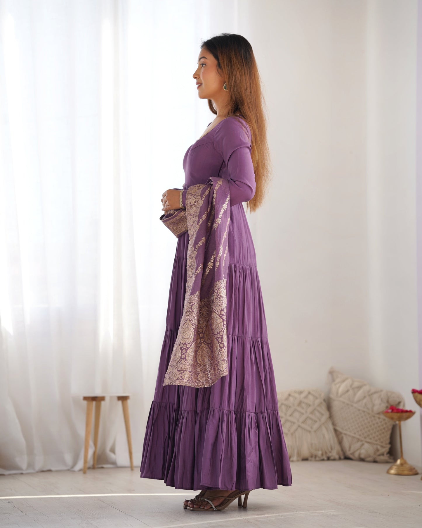 Elegant Pure Roman Silk 9 Mtr Flared Designer Anarkali Suit - Ethnicwish