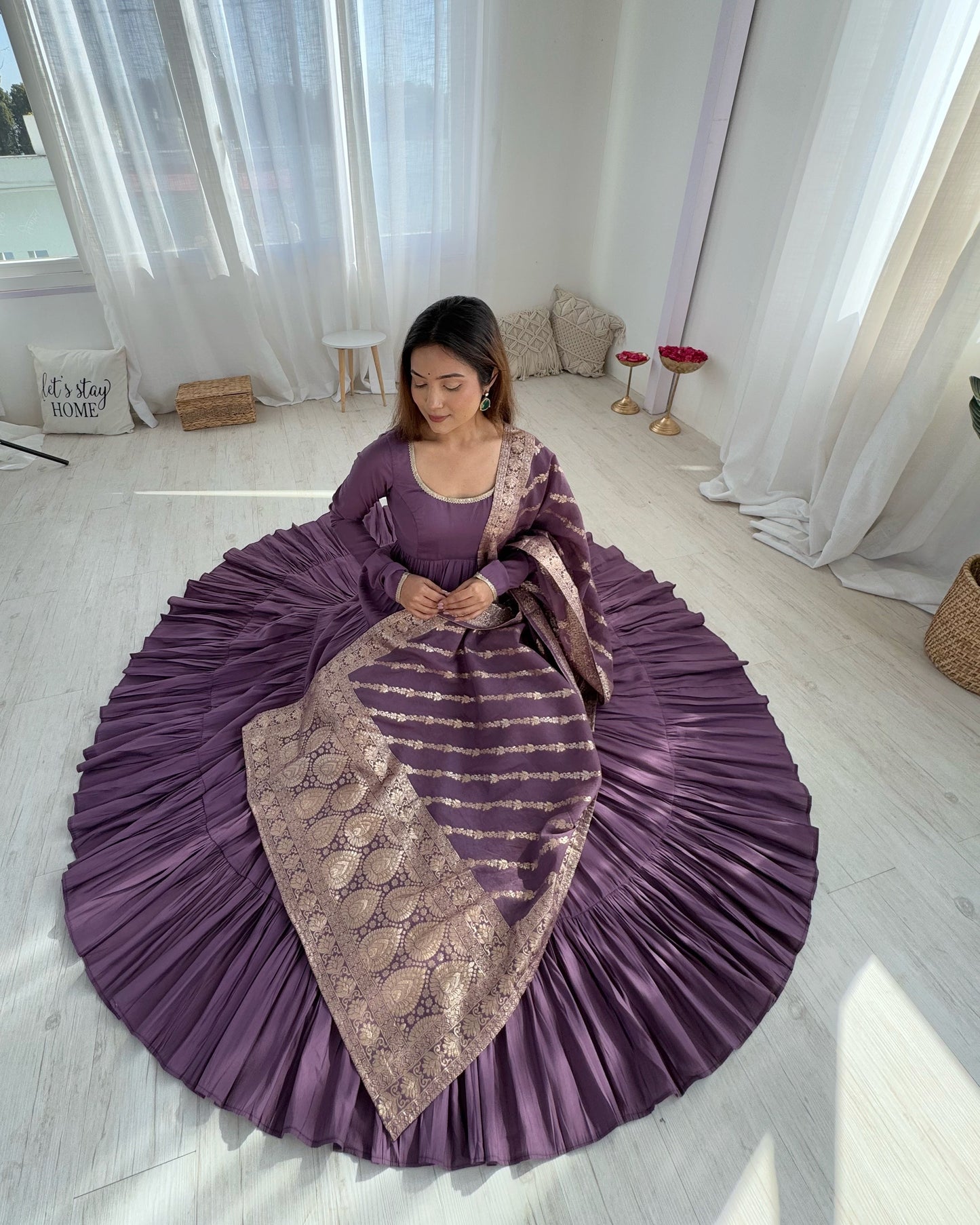 Elegant Pure Roman Silk 9 Mtr Flared Designer Anarkali Suit - Ethnicwish