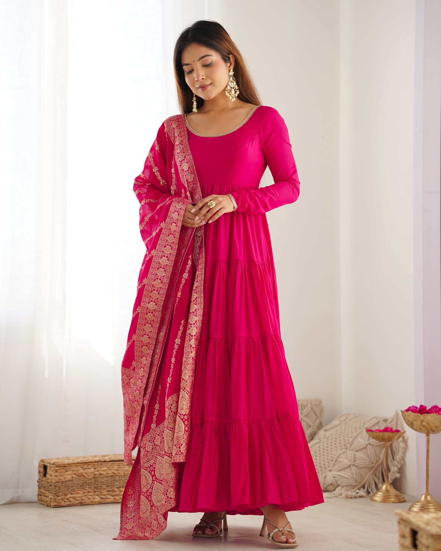 Elegant Pure Roman Silk 9 Mtr Flared Designer Anarkali Suit - Ethnicwish