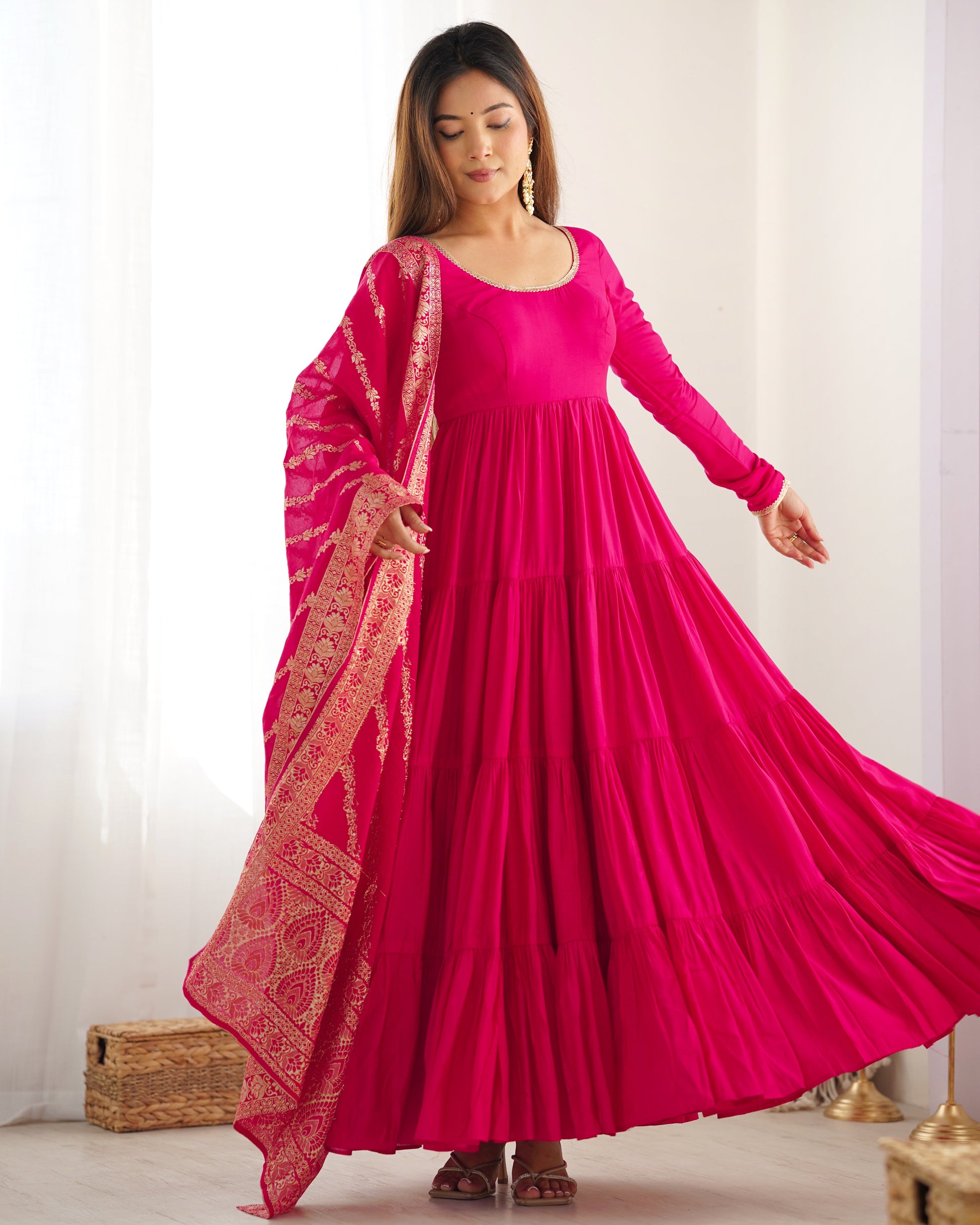 Elegant Pure Roman Silk 9 Mtr Flared Designer Anarkali Suit - Ethnicwish