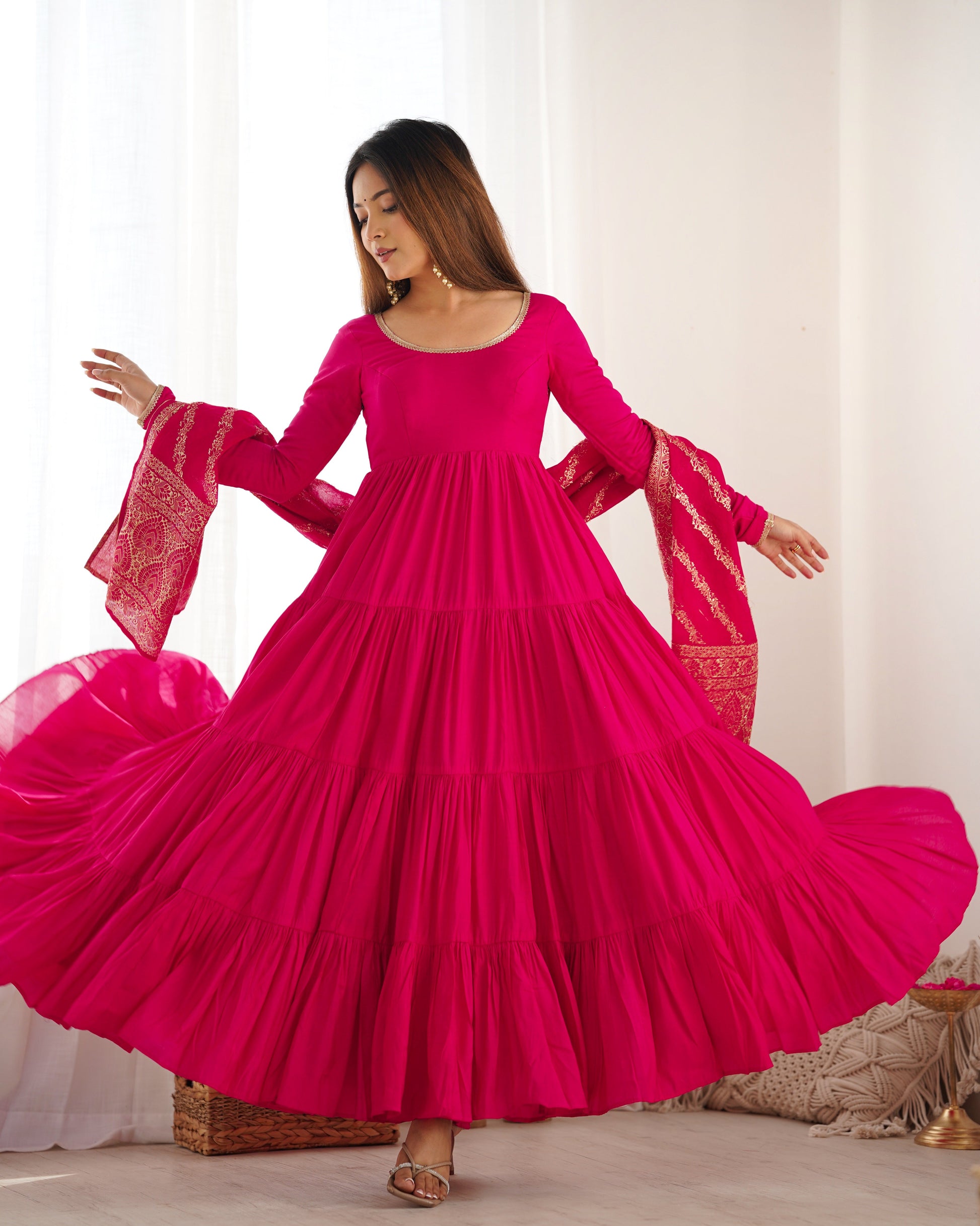Elegant Pure Roman Silk 9 Mtr Flared Designer Anarkali Suit - Ethnicwish