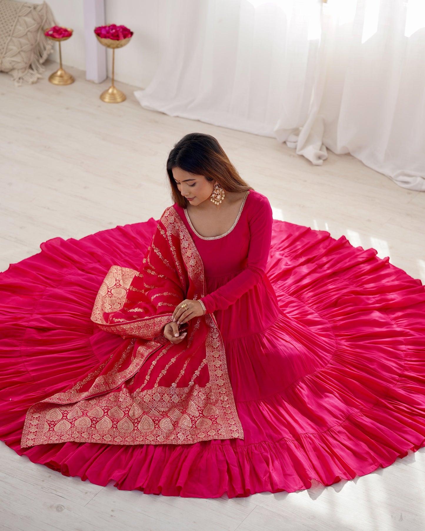 Elegant Pure Roman Silk 9 Mtr Flared Designer Anarkali Suit - Ethnicwish