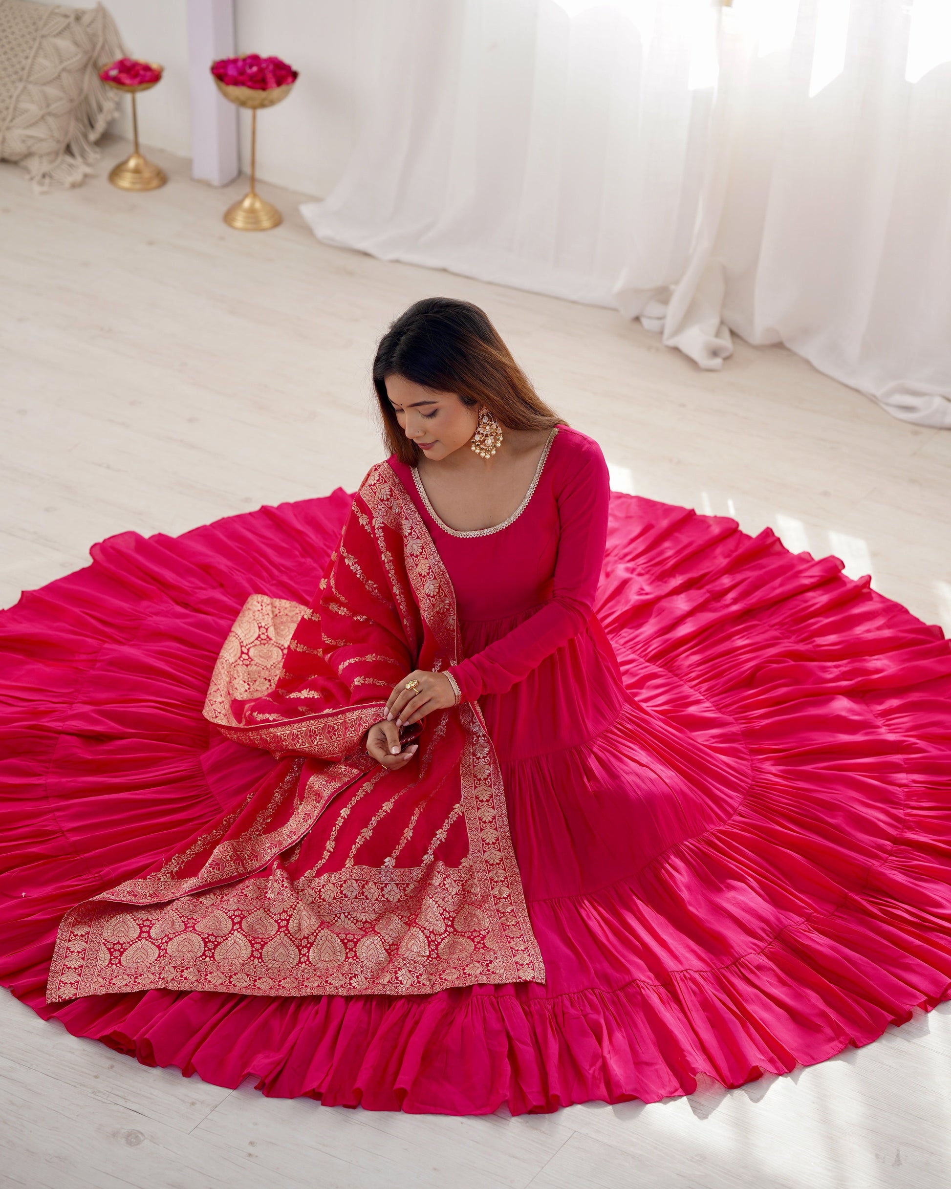 Elegant Pure Roman Silk 9 Mtr Flared Designer Anarkali Suit - Ethnicwish
