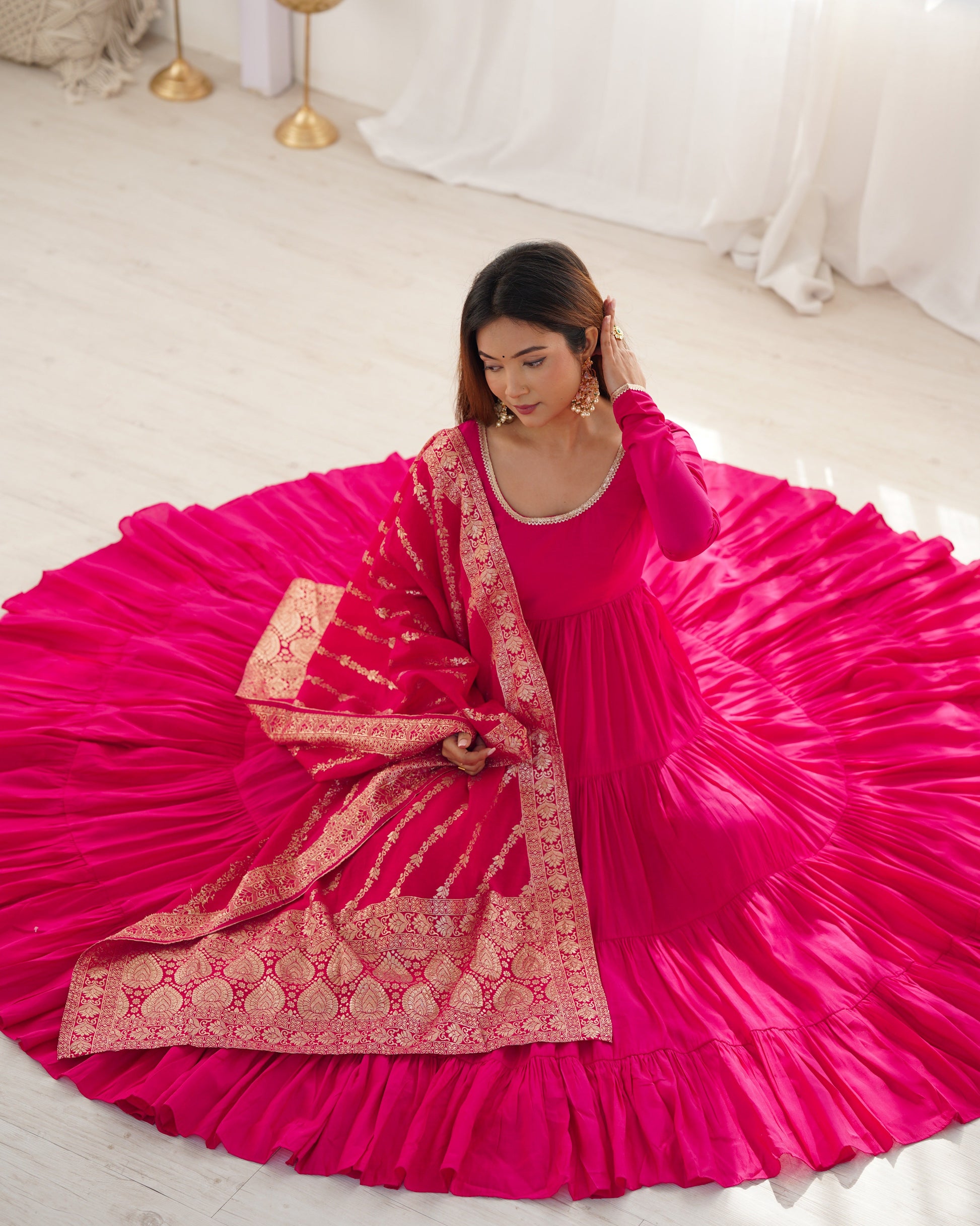 Elegant Pure Roman Silk 9 Mtr Flared Designer Anarkali Suit - Ethnicwish