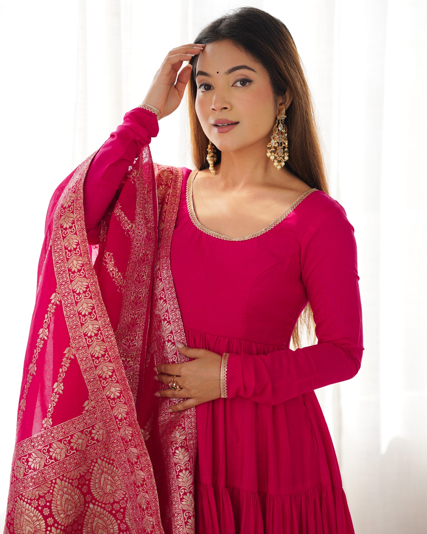 Elegant Pure Roman Silk 9 Mtr Flared Designer Anarkali Suit - Ethnicwish