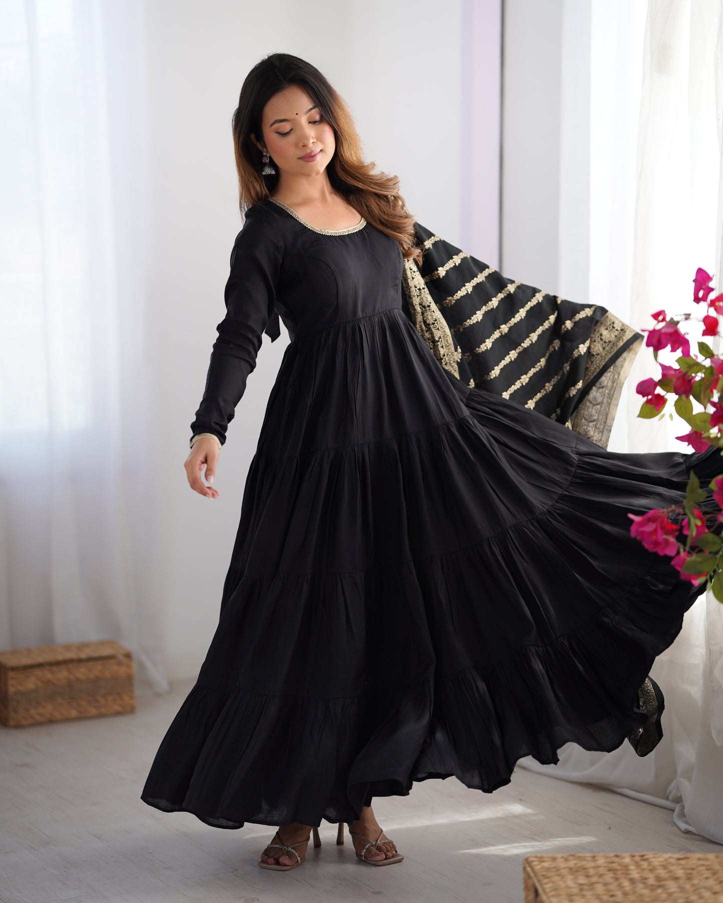 Elegant Pure Roman Silk 9 Mtr Flared Designer Anarkali Suit