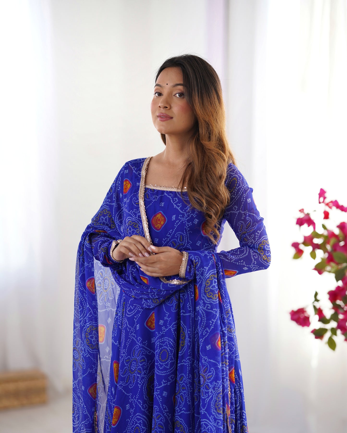 Stylish Pure Chiffon Intricate Bandhej Printed Anarkali Pant Suit