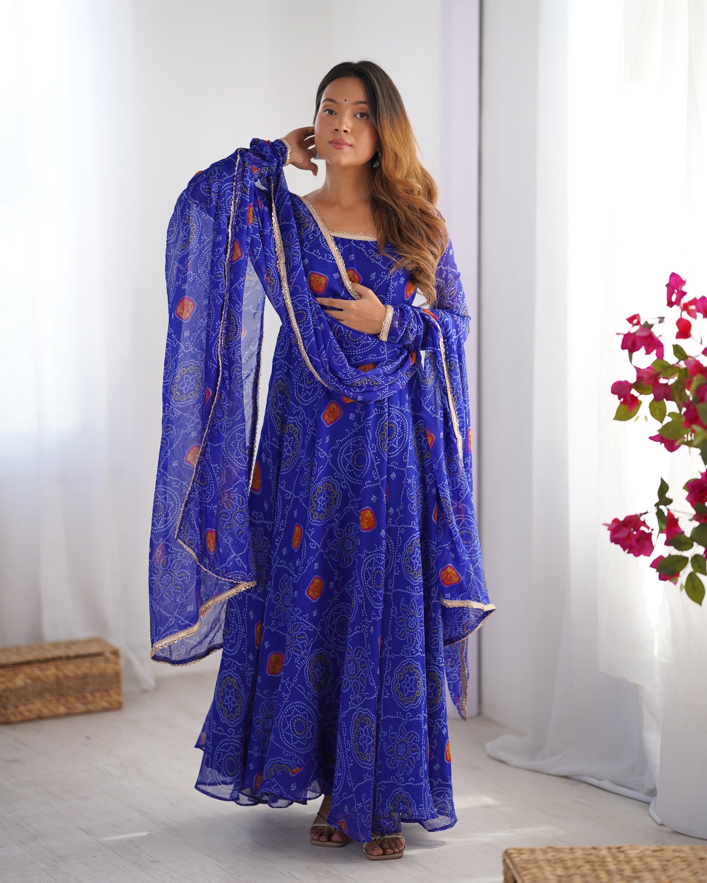 Stylish Pure Chiffon Intricate Bandhej Printed Anarkali Pant Suit