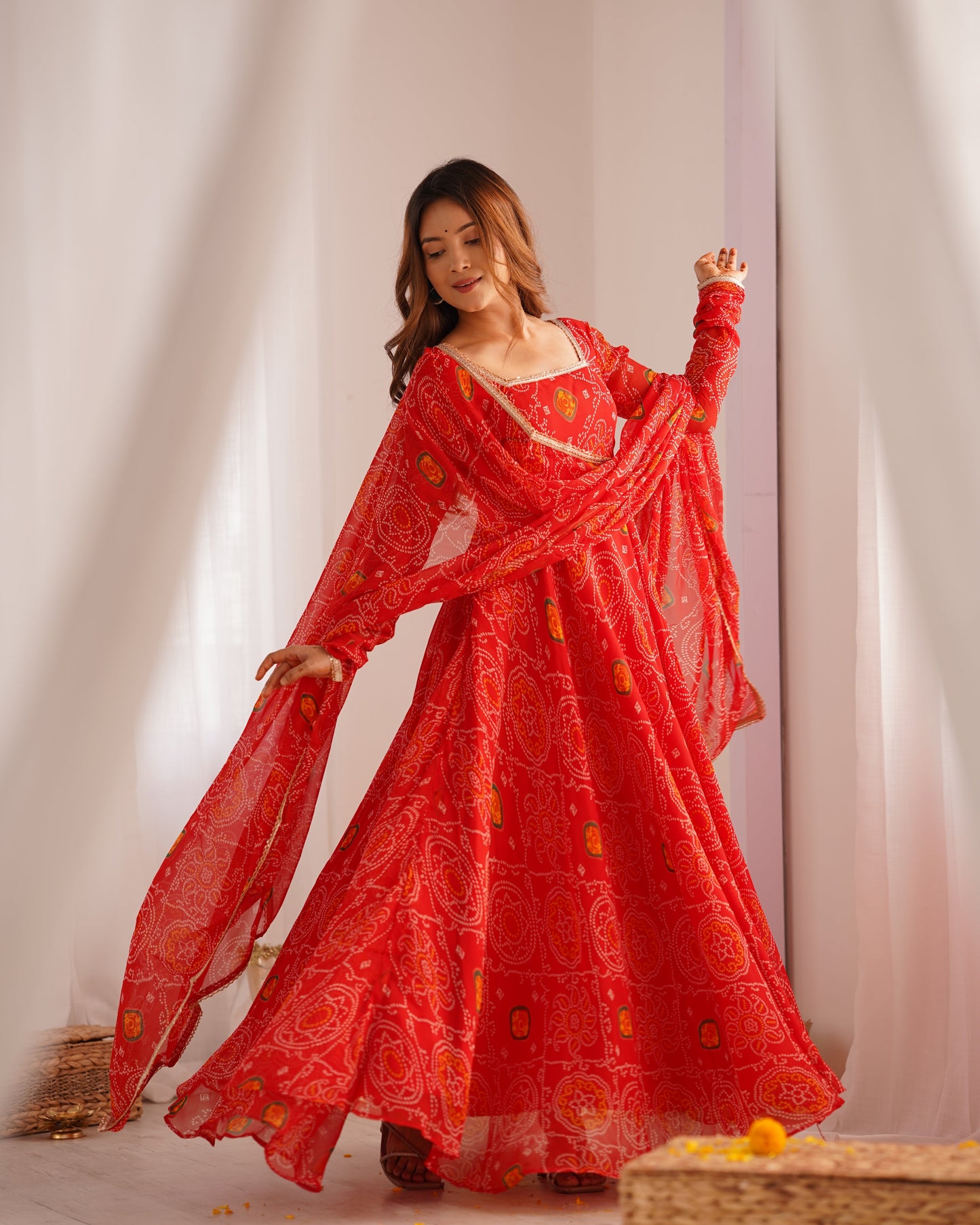 Stylish Pure Chiffon Intricate Bandhej Printed Anarkali Pant Suit - Ethnicwish