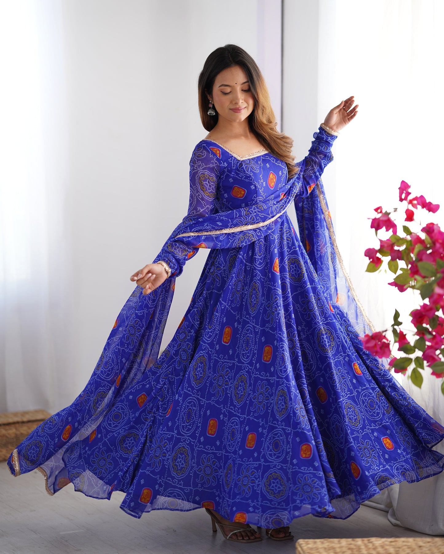 Stylish Pure Chiffon Intricate Bandhej Printed Anarkali Pant Suit