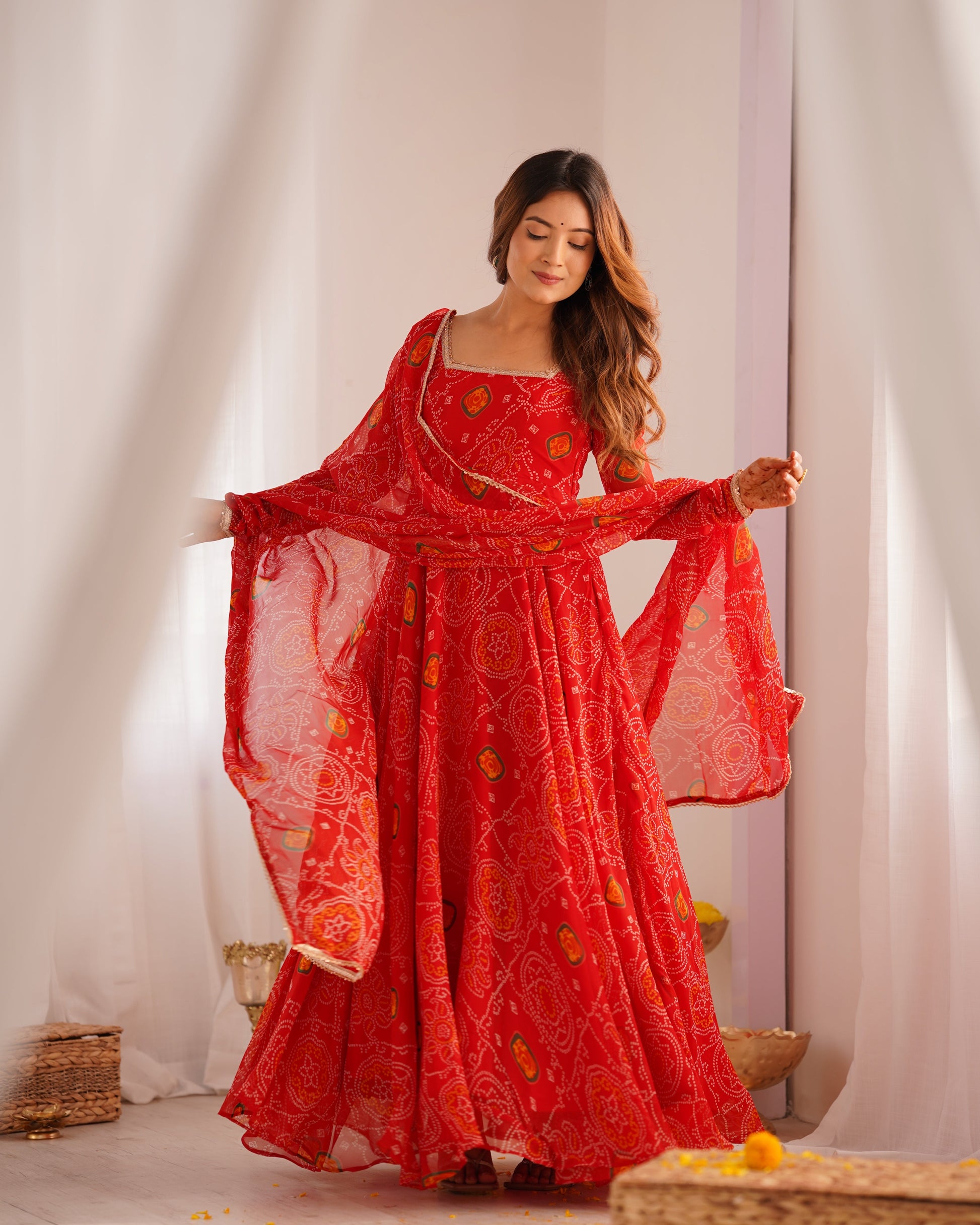 Stylish Pure Chiffon Intricate Bandhej Printed Anarkali Pant Suit - Ethnicwish