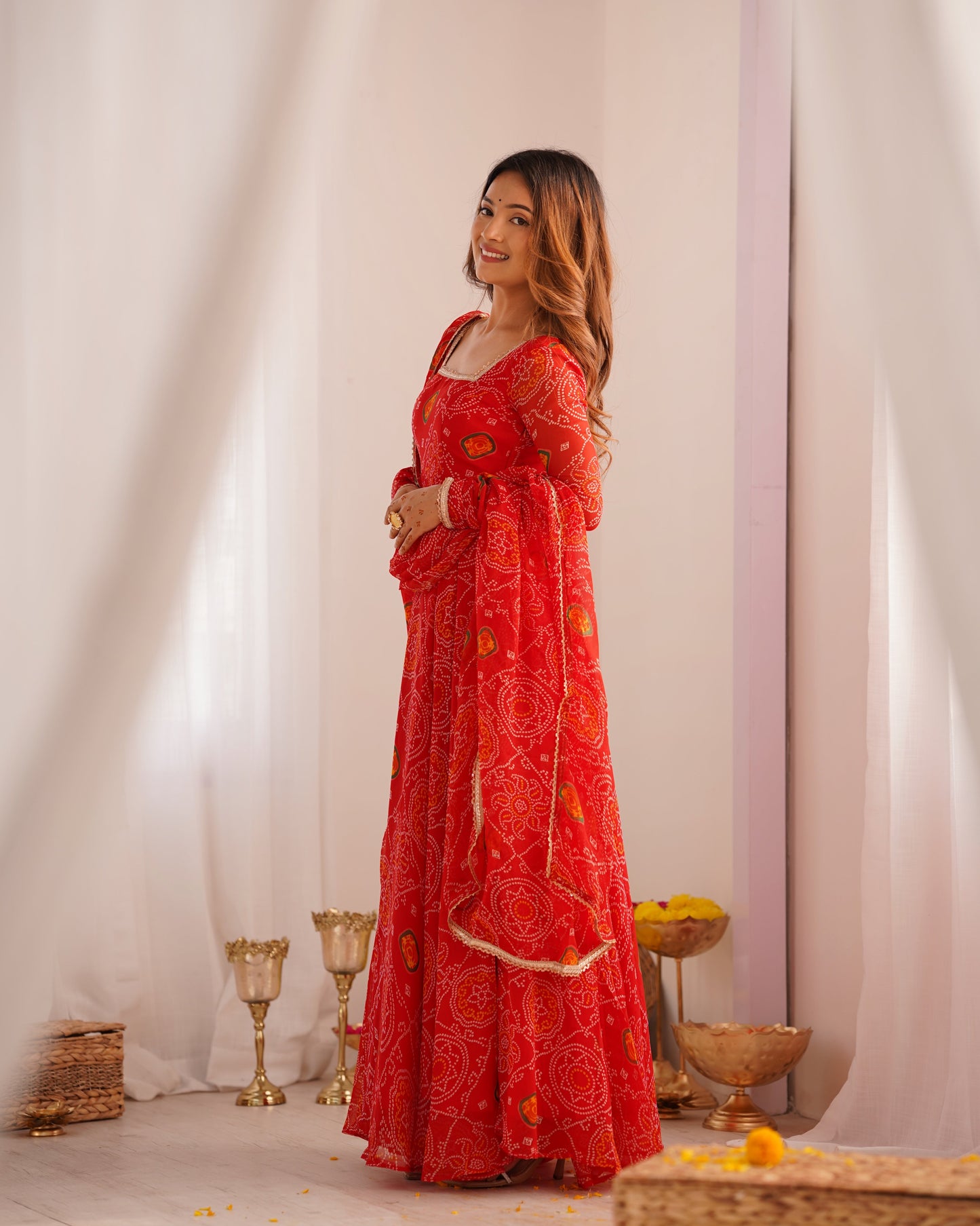 Stylish Pure Chiffon Intricate Bandhej Printed Anarkali Pant Suit - Ethnicwish