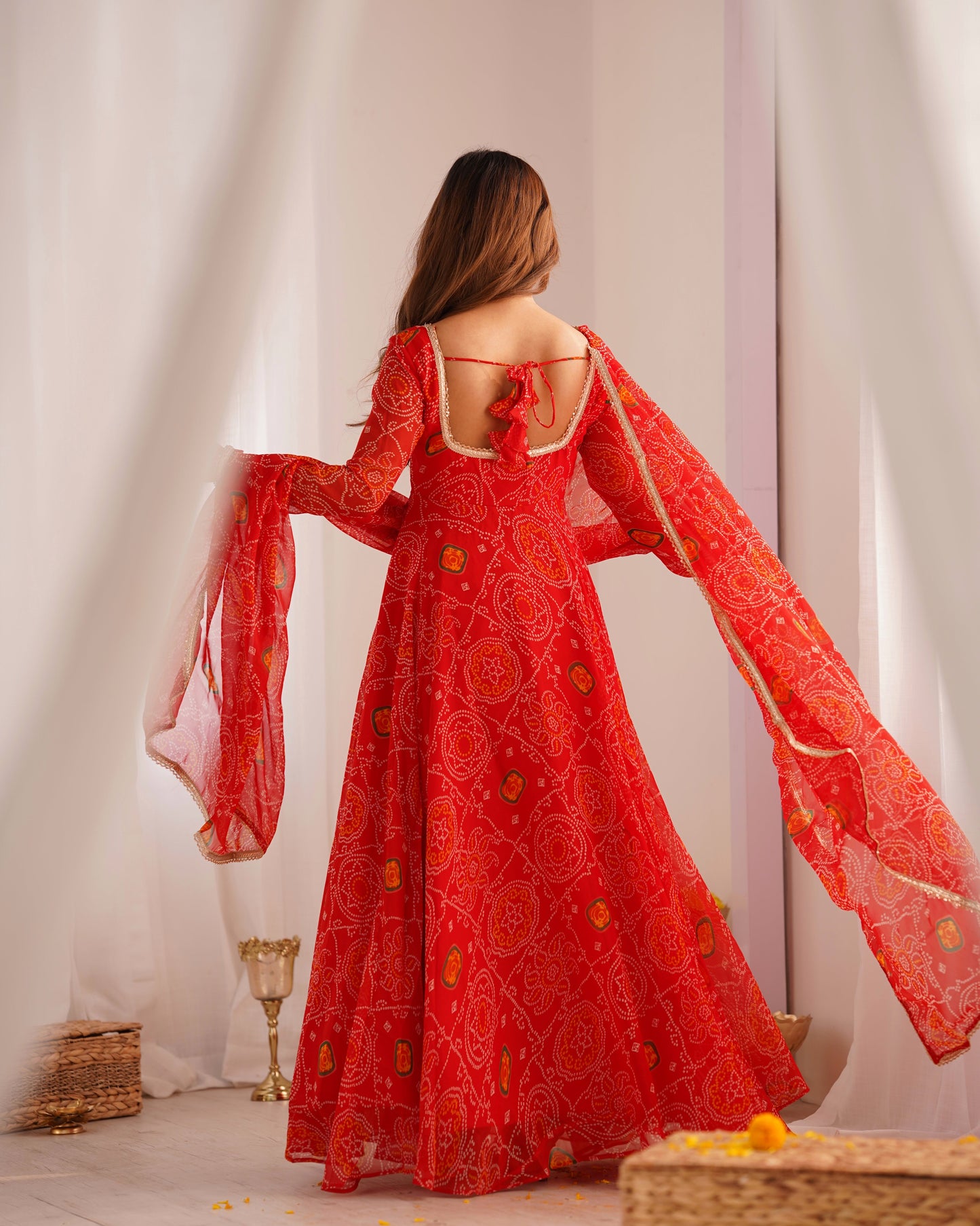 Stylish Pure Chiffon Intricate Bandhej Printed Anarkali Pant Suit - Ethnicwish