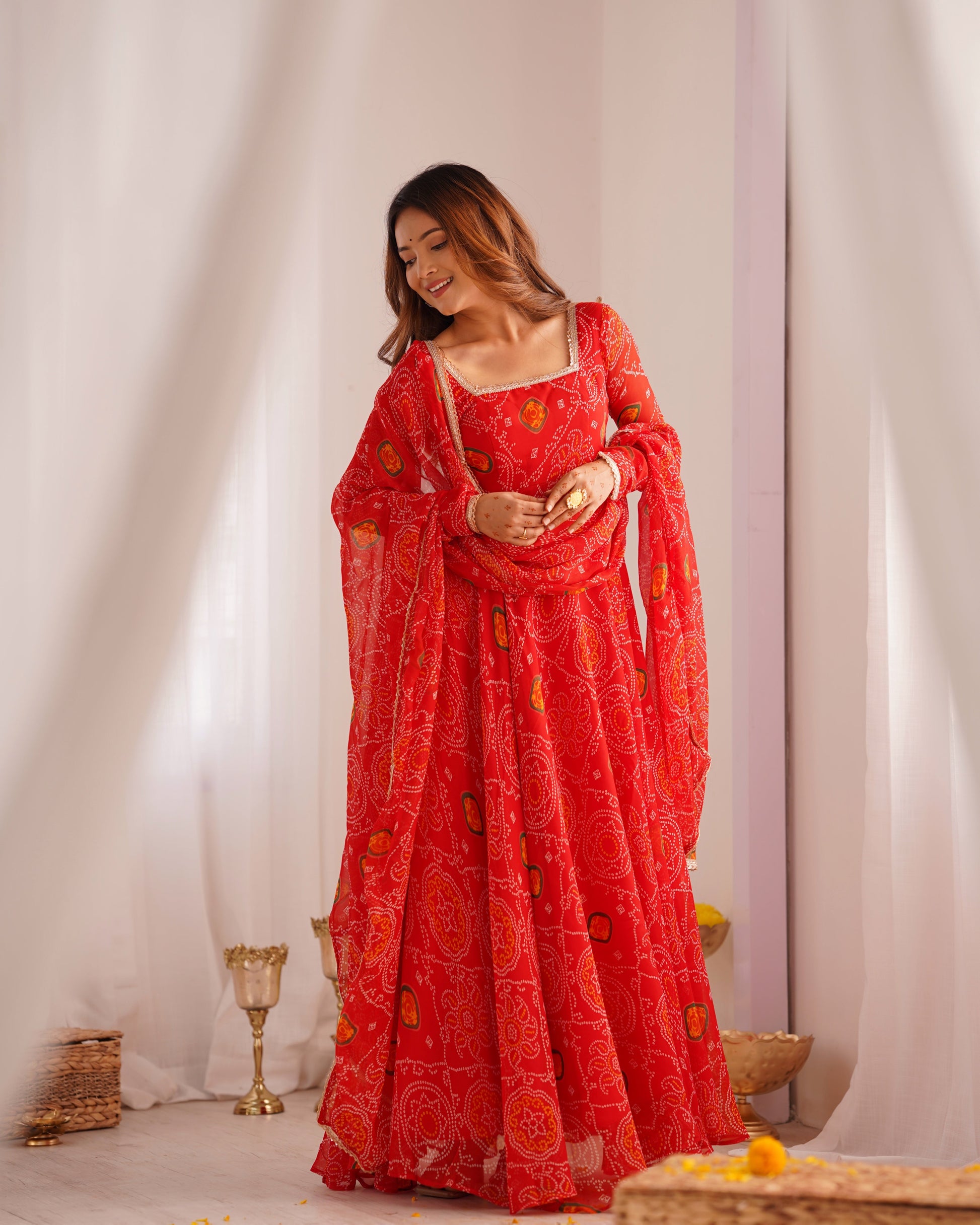Stylish Pure Chiffon Intricate Bandhej Printed Anarkali Pant Suit - Ethnicwish