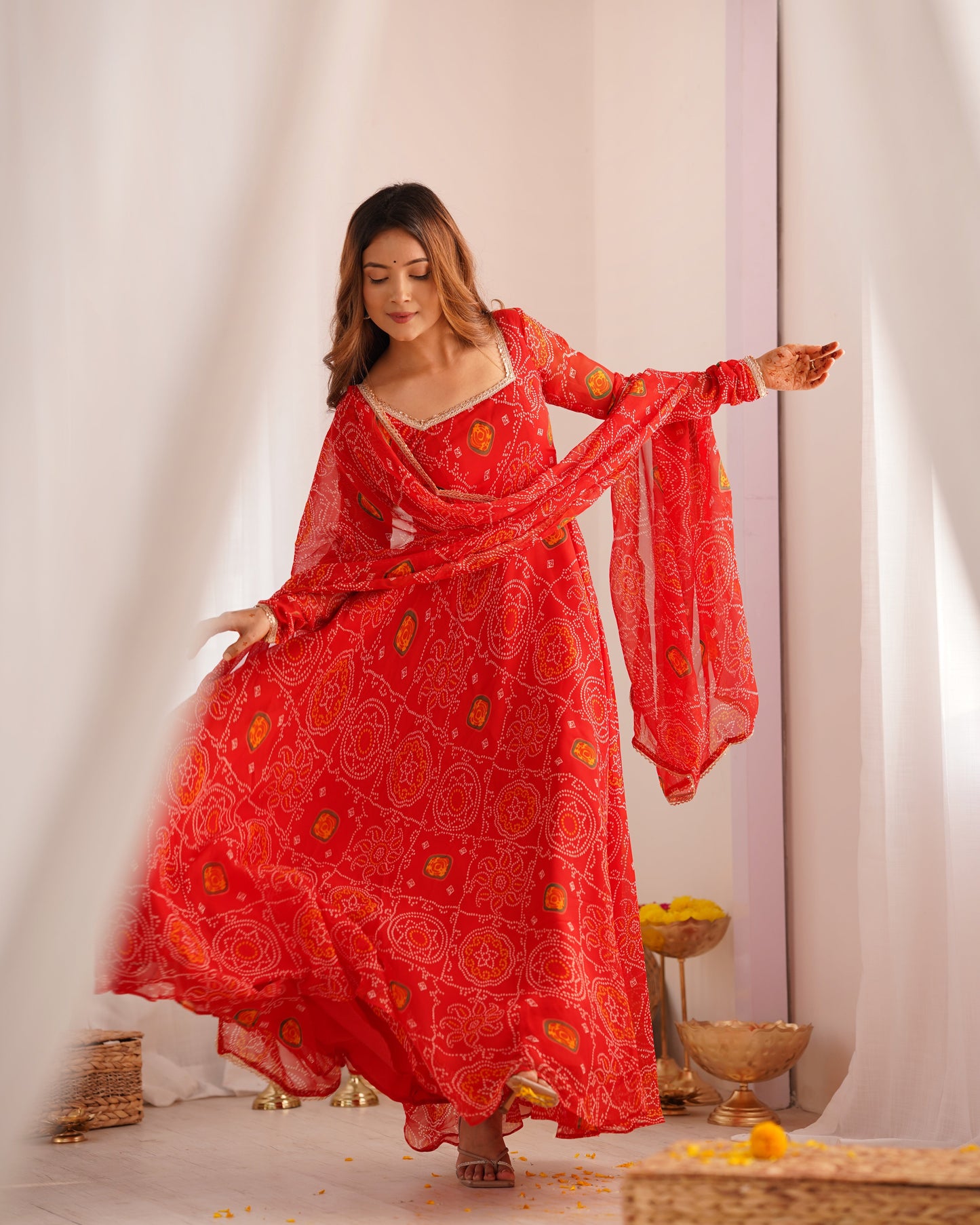 Stylish Pure Chiffon Intricate Bandhej Printed Anarkali Pant Suit - Ethnicwish