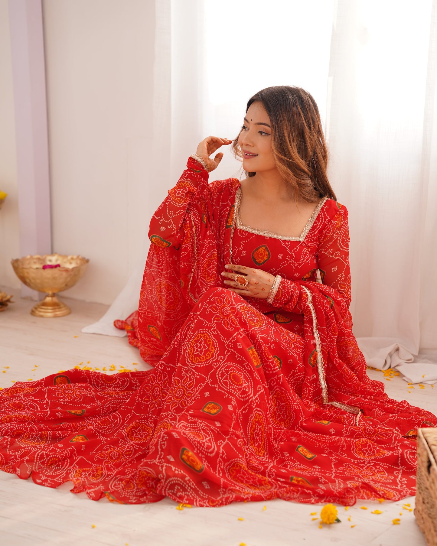 Stylish Pure Chiffon Intricate Bandhej Printed Anarkali Pant Suit - Ethnicwish