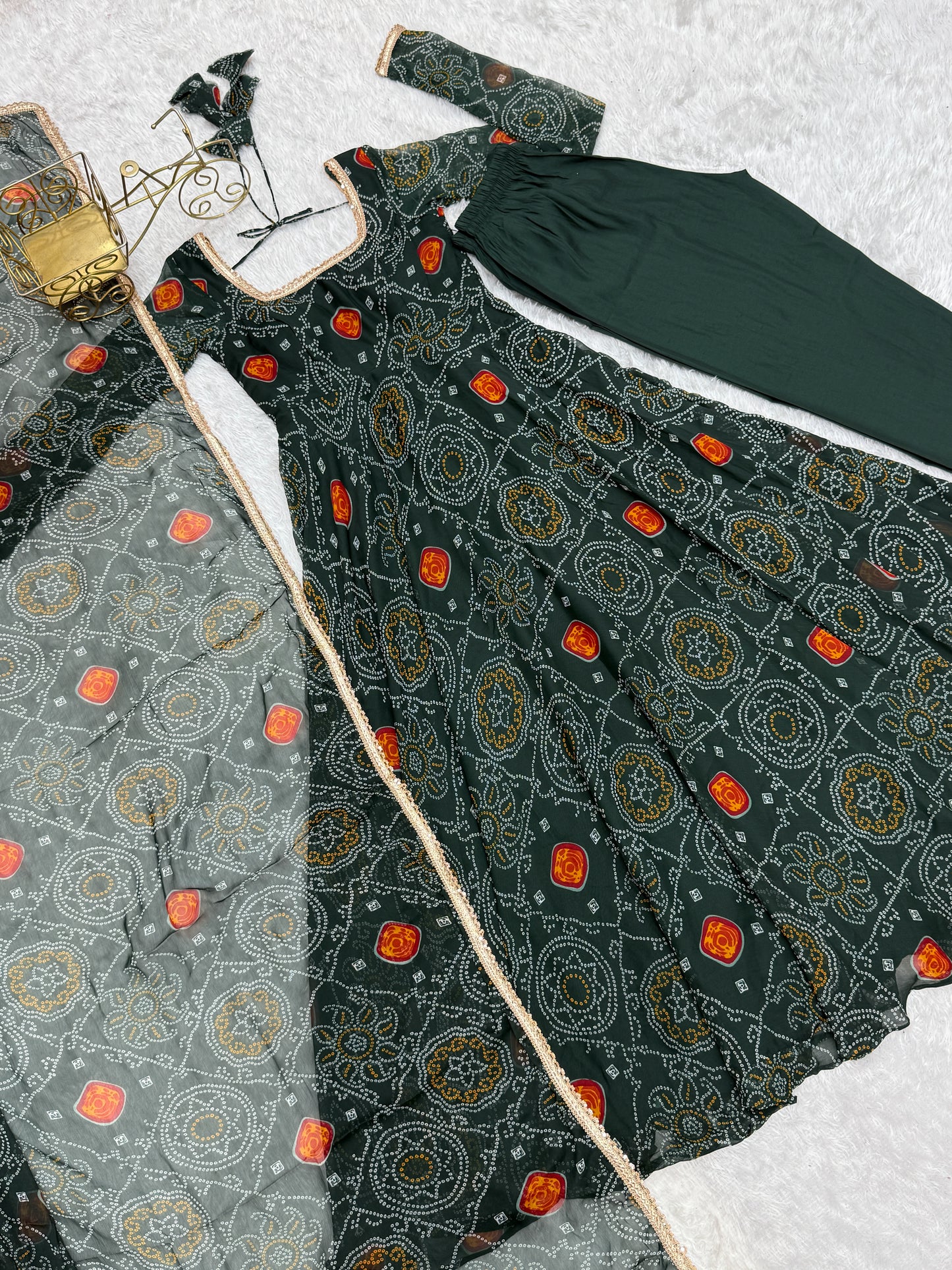 Stylish Pure Chiffon Intricate Bandhej Printed Anarkali Pant Suit