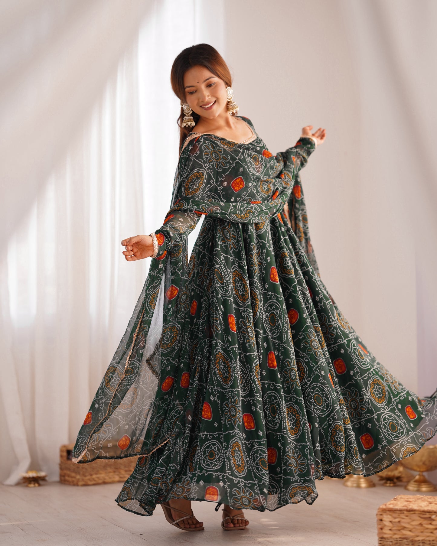 Stylish Pure Chiffon Intricate Bandhej Printed Anarkali Pant Suit